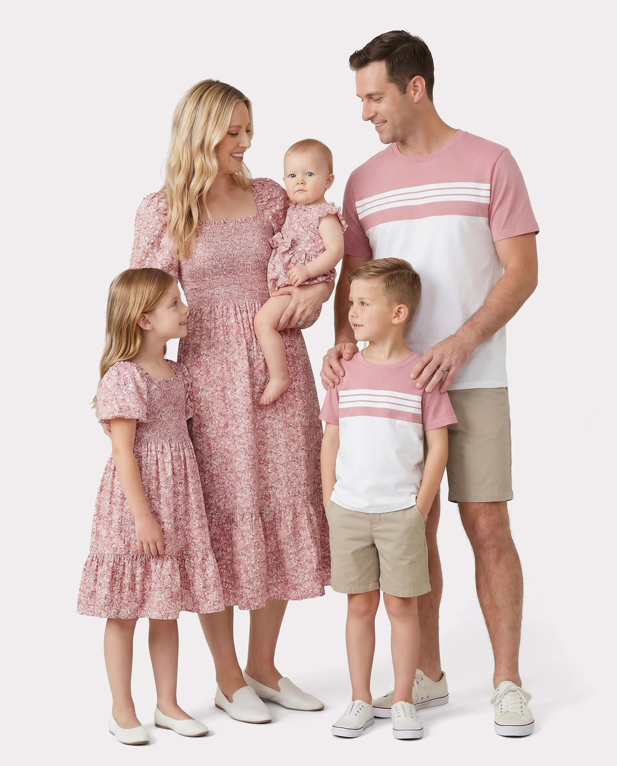 Family Matching Blue Cotton Colorblock Tee Shirt or Floral Print Smocking Puff-sleeve Dress Set  Pink