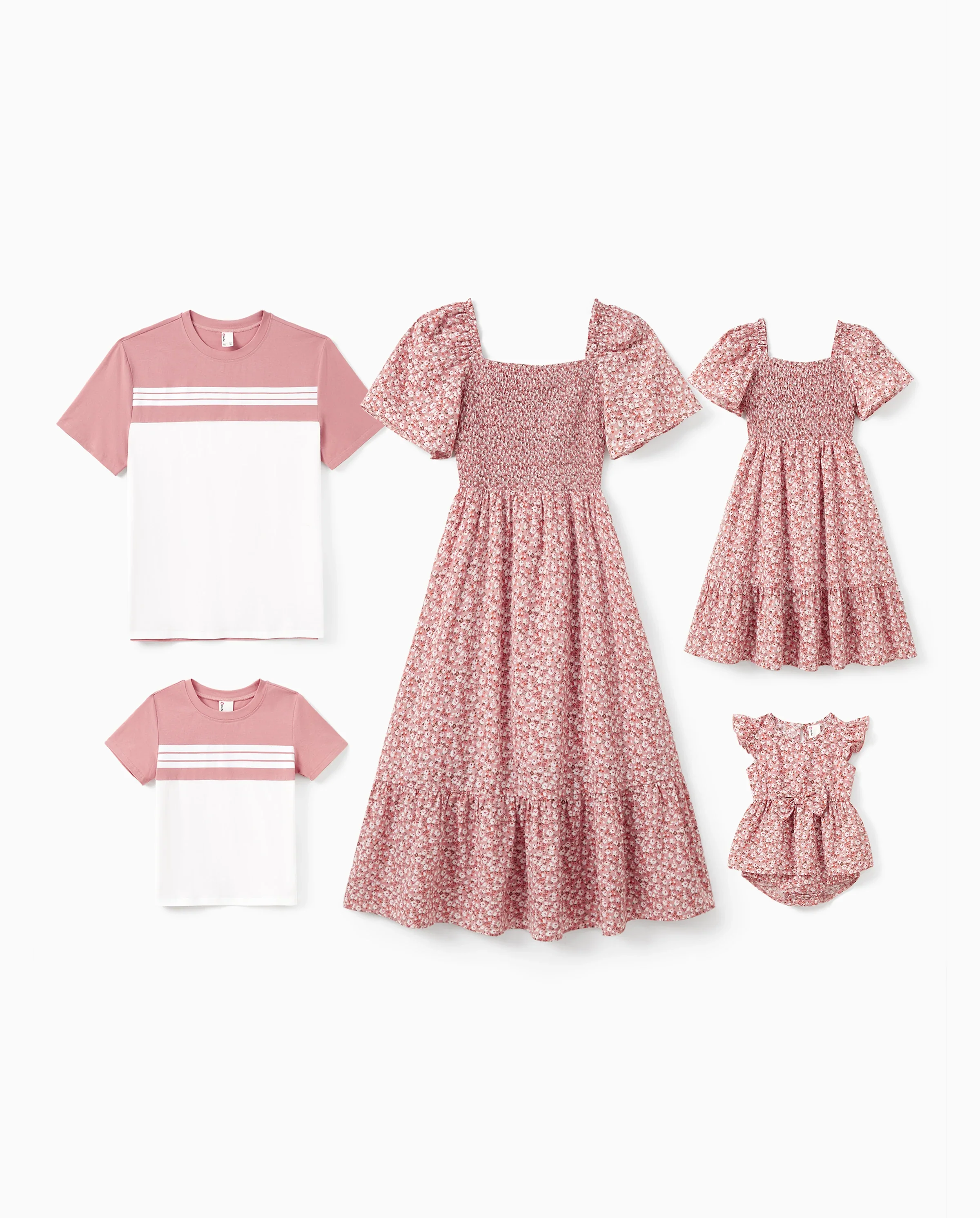 Family Matching Blue Cotton Colorblock Tee Shirt or Floral Print Smocking Puff-sleeve Dress Set  Pink - Image 10