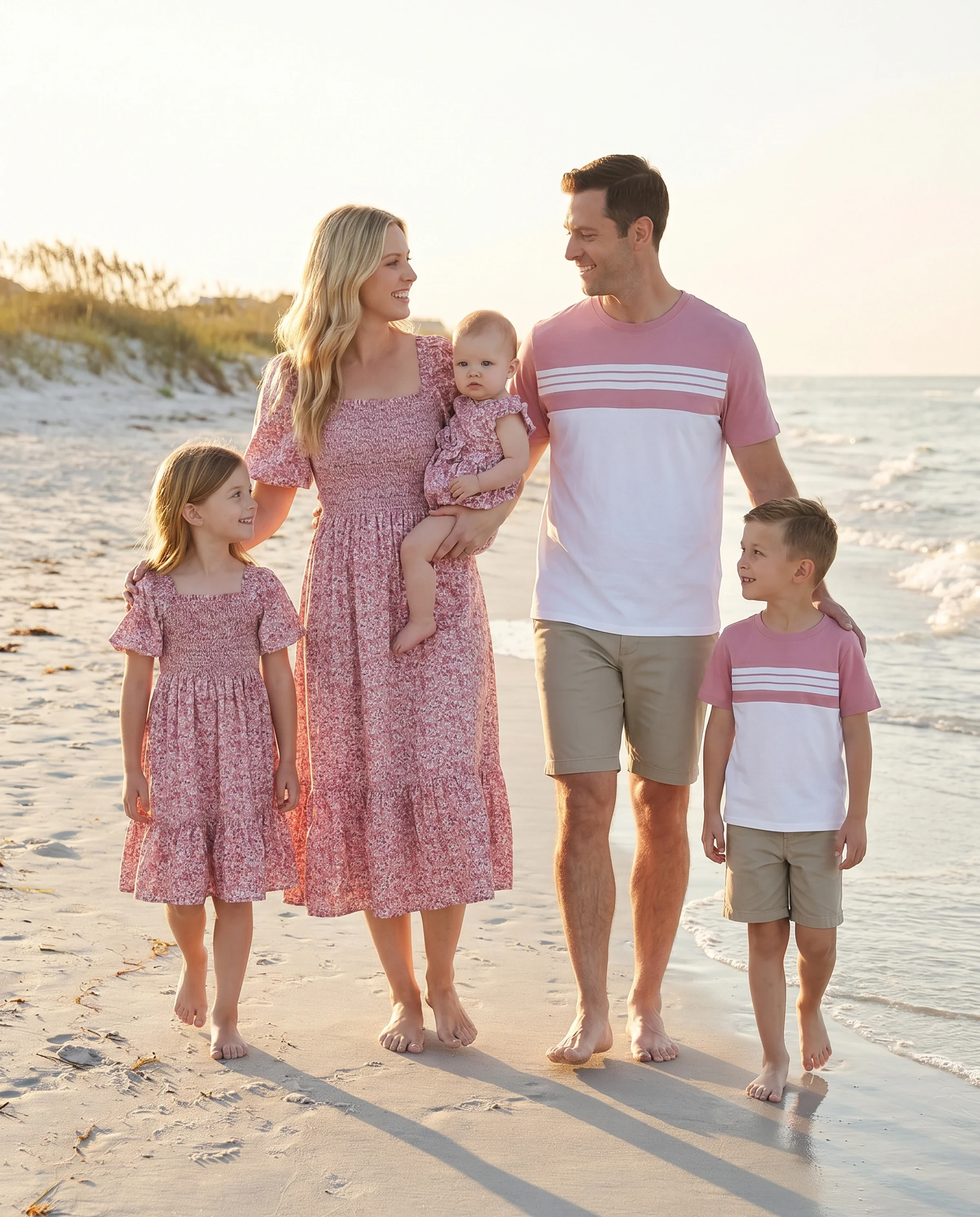 Family Matching Blue Cotton Colorblock Tee Shirt or Floral Print Smocking Puff-sleeve Dress Set  Pink - Image 11