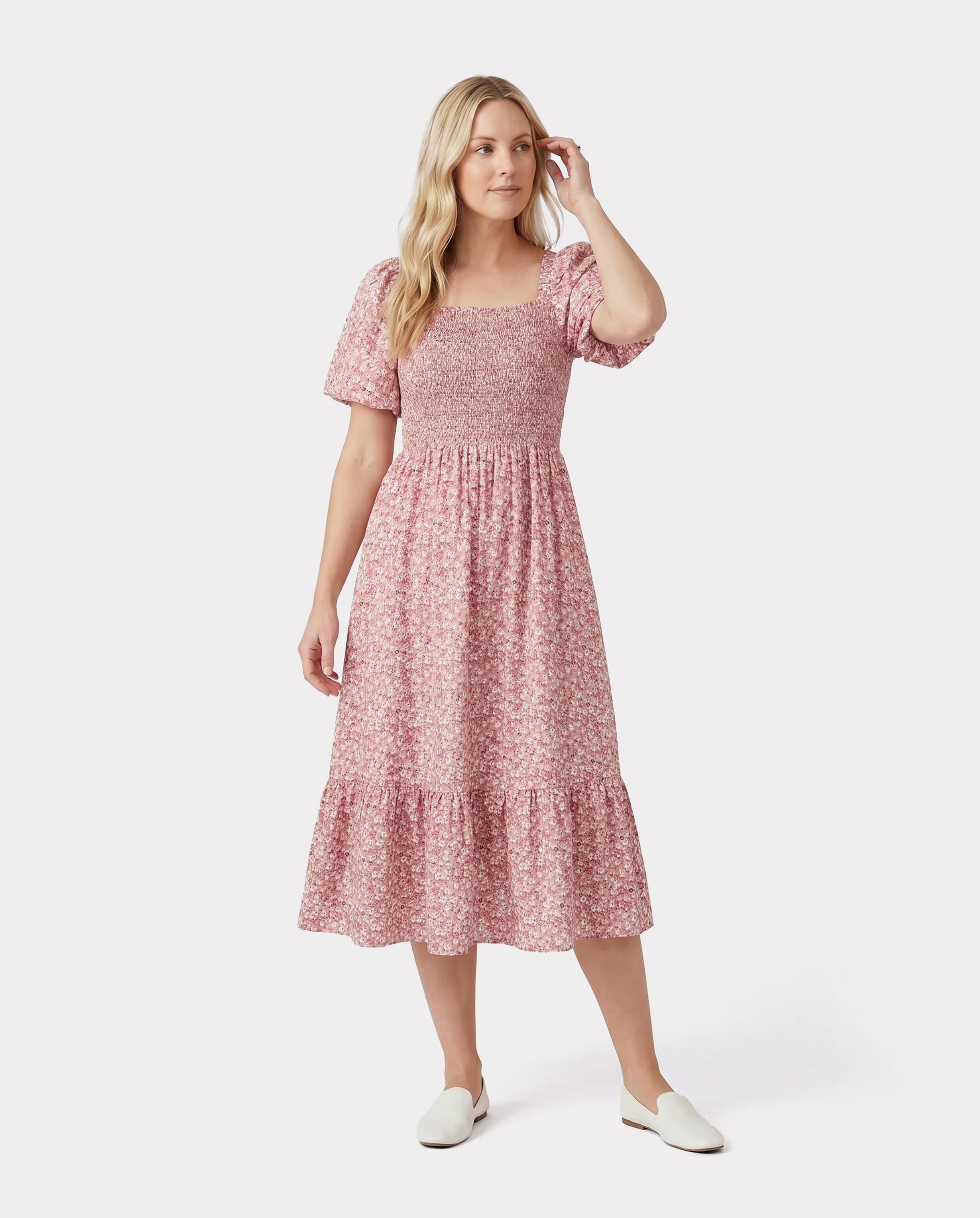 Family Matching Blue Cotton Colorblock Tee Shirt or Floral Print Smocking Puff-sleeve Dress Set  Pink - Image 2