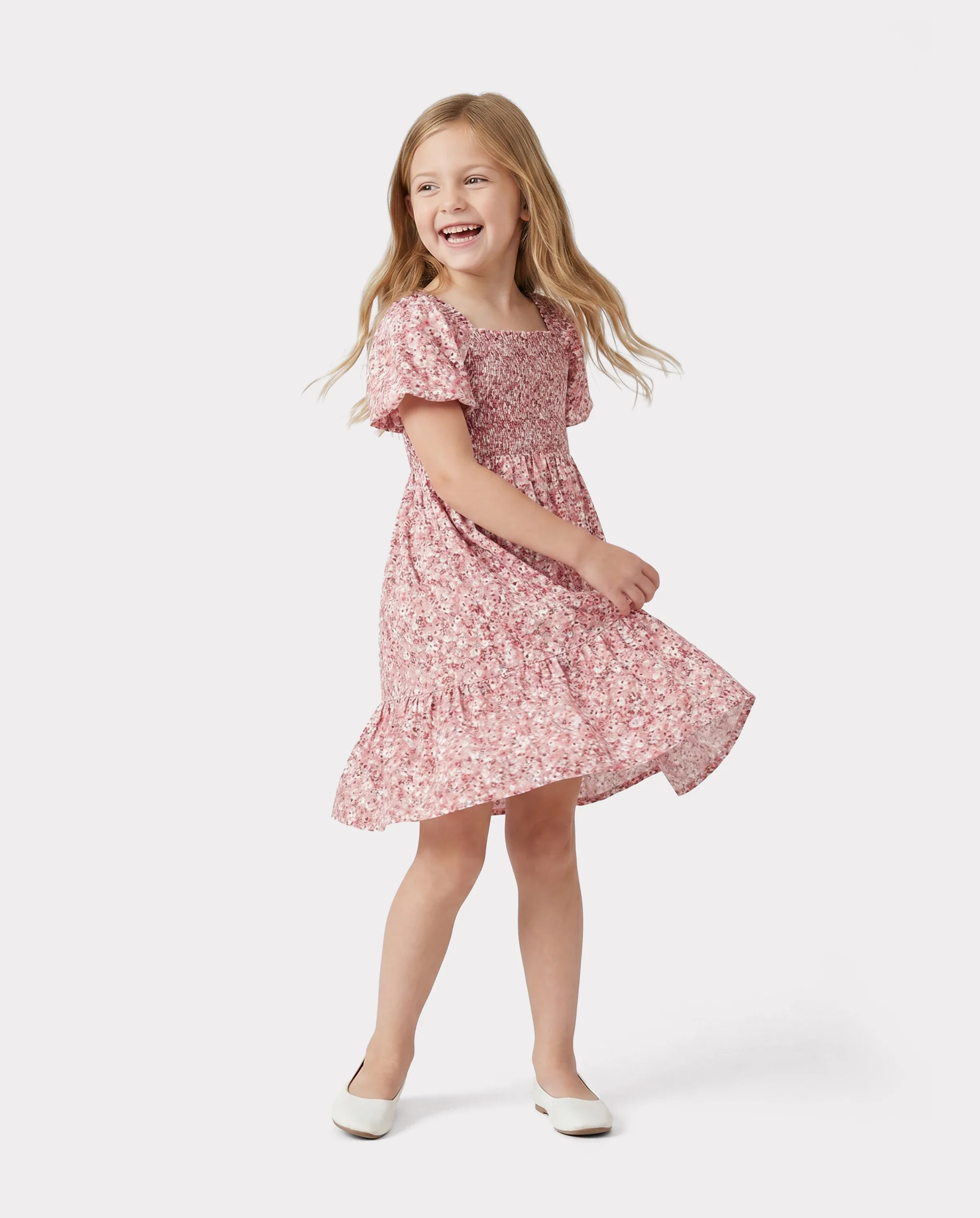 Family Matching Blue Cotton Colorblock Tee Shirt or Floral Print Smocking Puff-sleeve Dress Set  Pink - Image 3