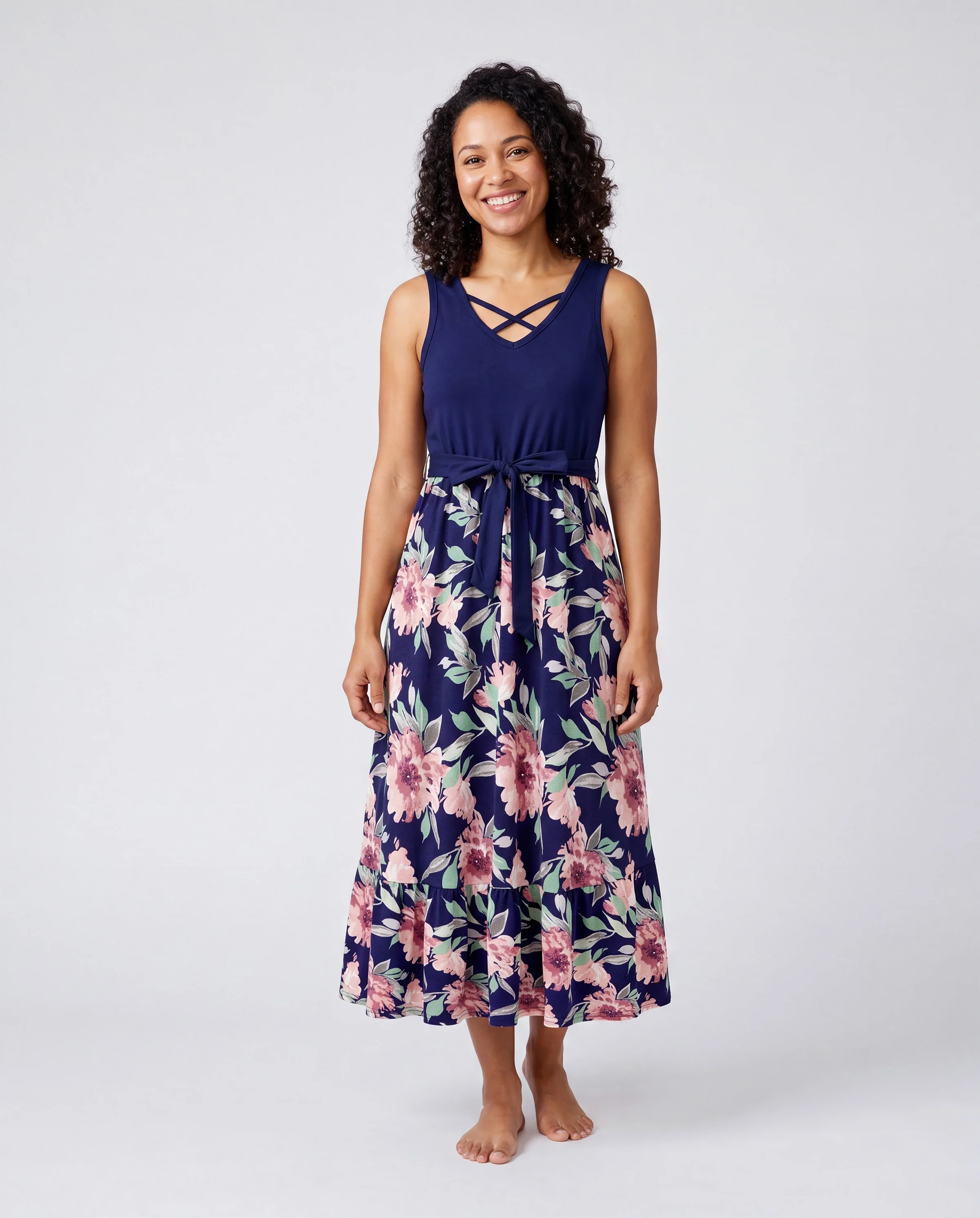 Family Matching Blue Cotton Tee and Flora Splicing Tank Top Dress Sets Deep Blue - Image 2