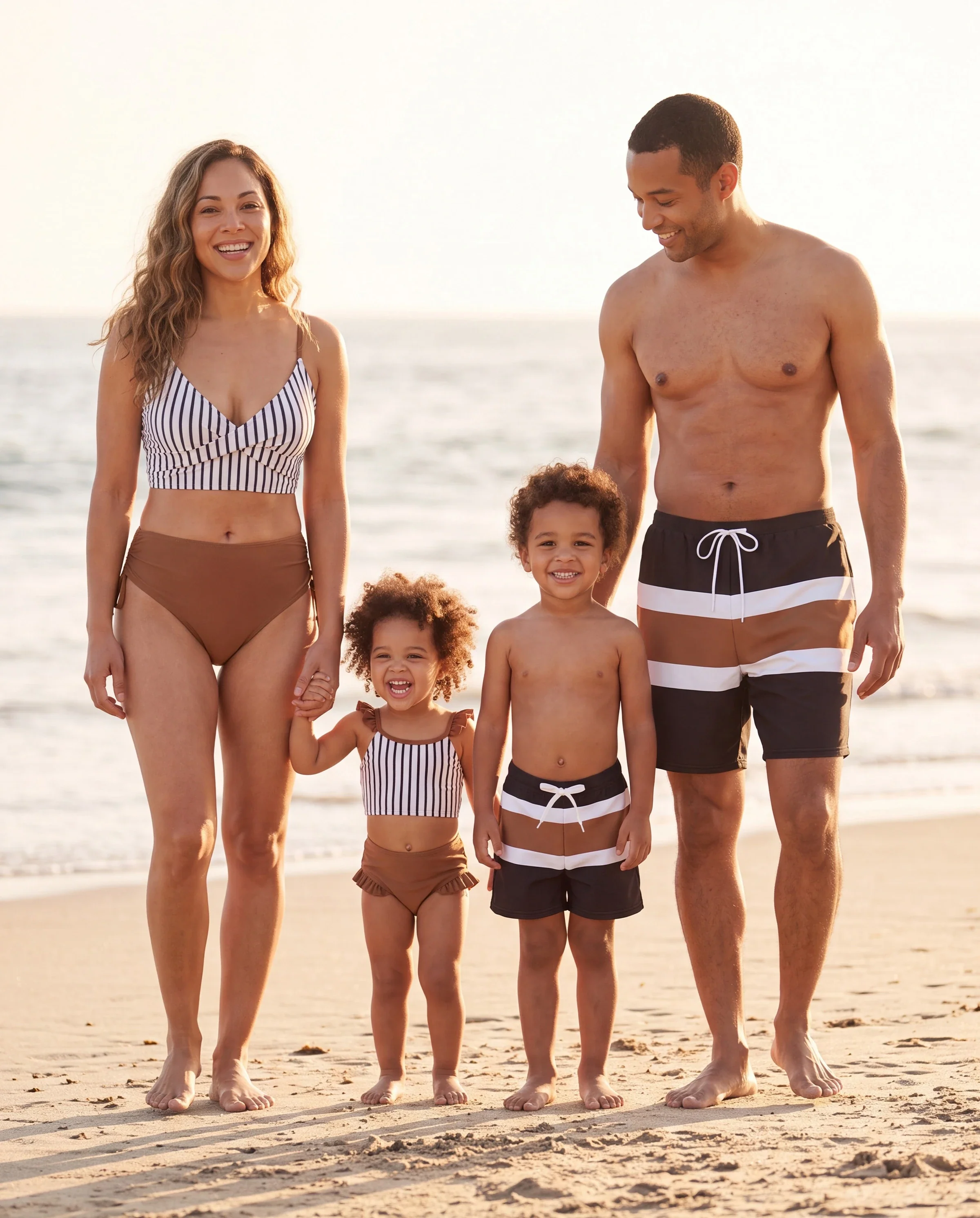 Family Matching Color Block Swimsuits Striped Bikini & Swim Trunks Set Color block - Image 10