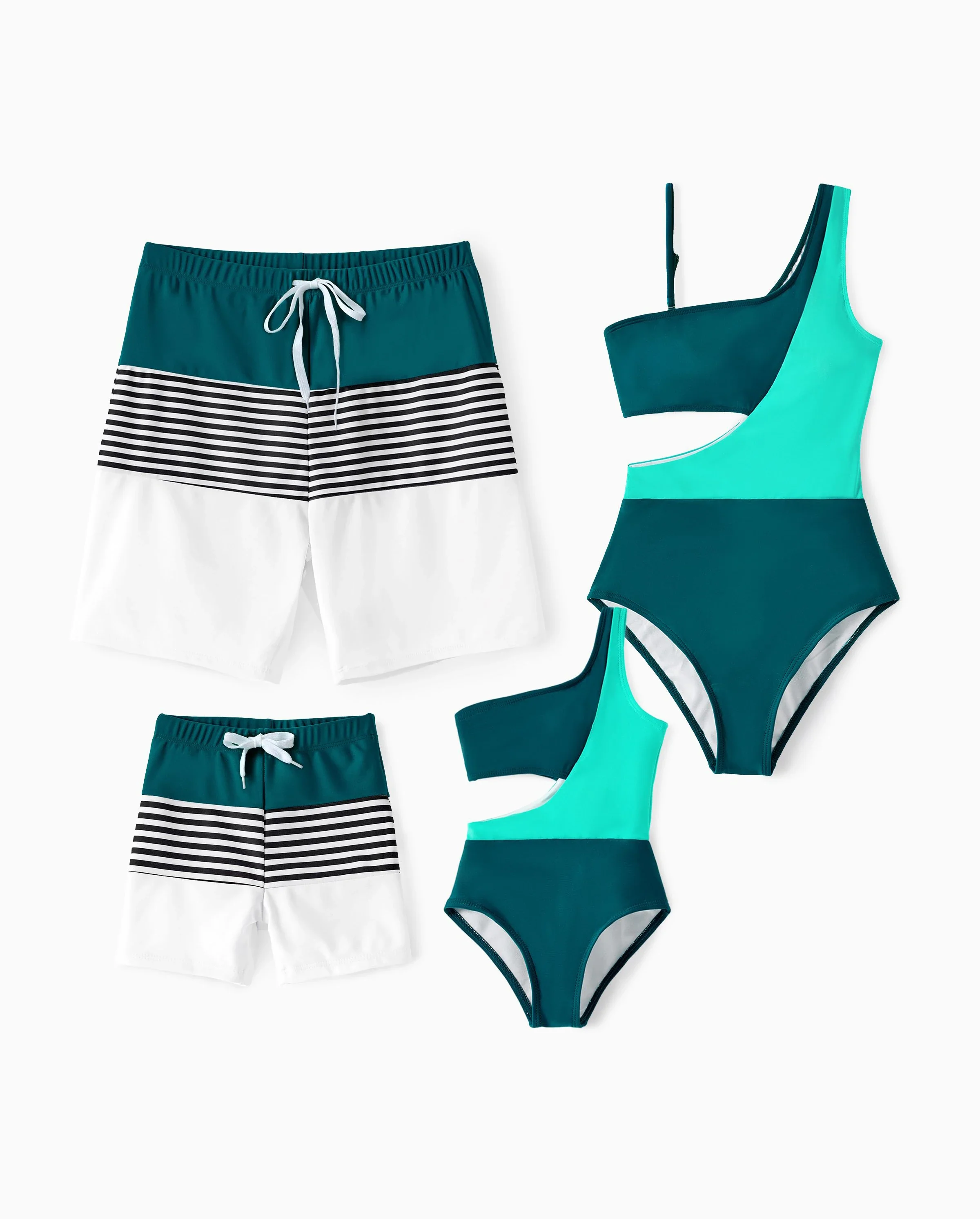 Family Matching Colorblock One Shoulder Cut Out One-piece Swimsuit and Striped Spliced Swim Trunks Shorts DeepTurquoise - Image 9