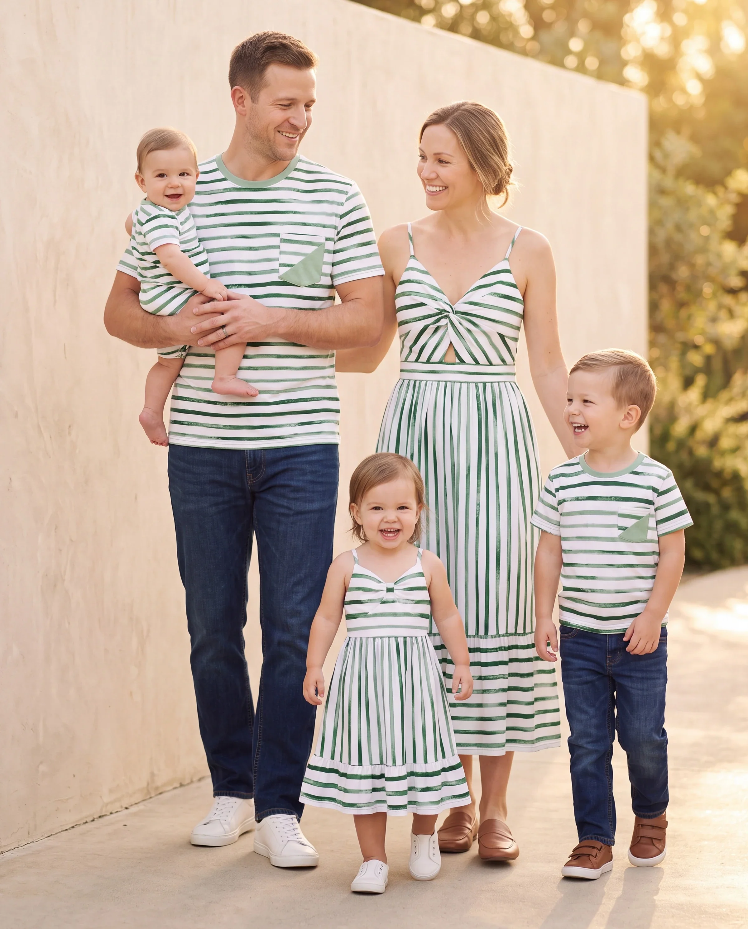 Family Matching Cotton Outfits Set Green Striped T-Shirt and Dress Set for Dad, Mom, Kids & Baby, Perfect for Summer Family Outings & Photos Green - Image 11
