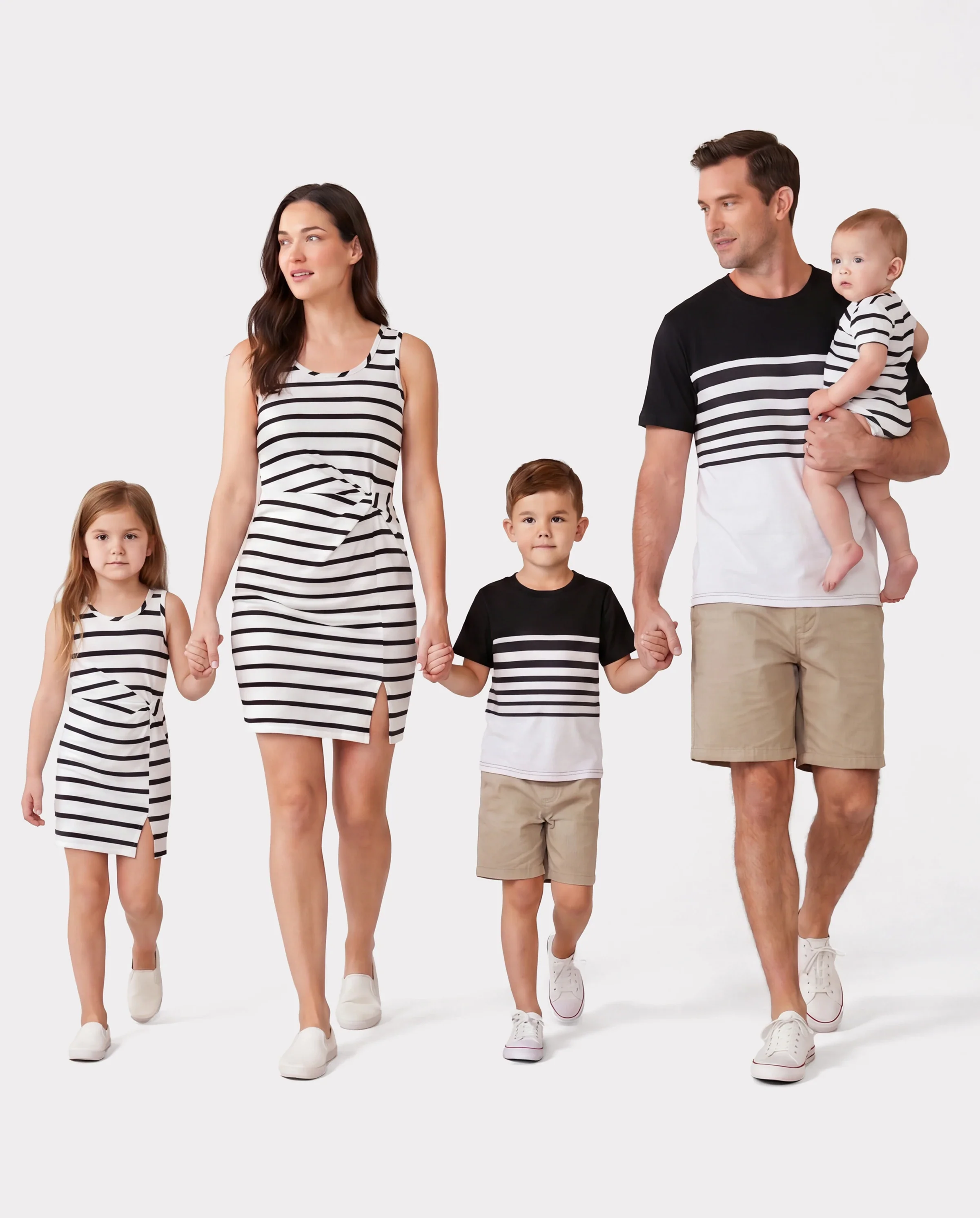 Family Matching Cotton Set Black and White Stripe T-shirt or Strap Bodycon Dress Black+White