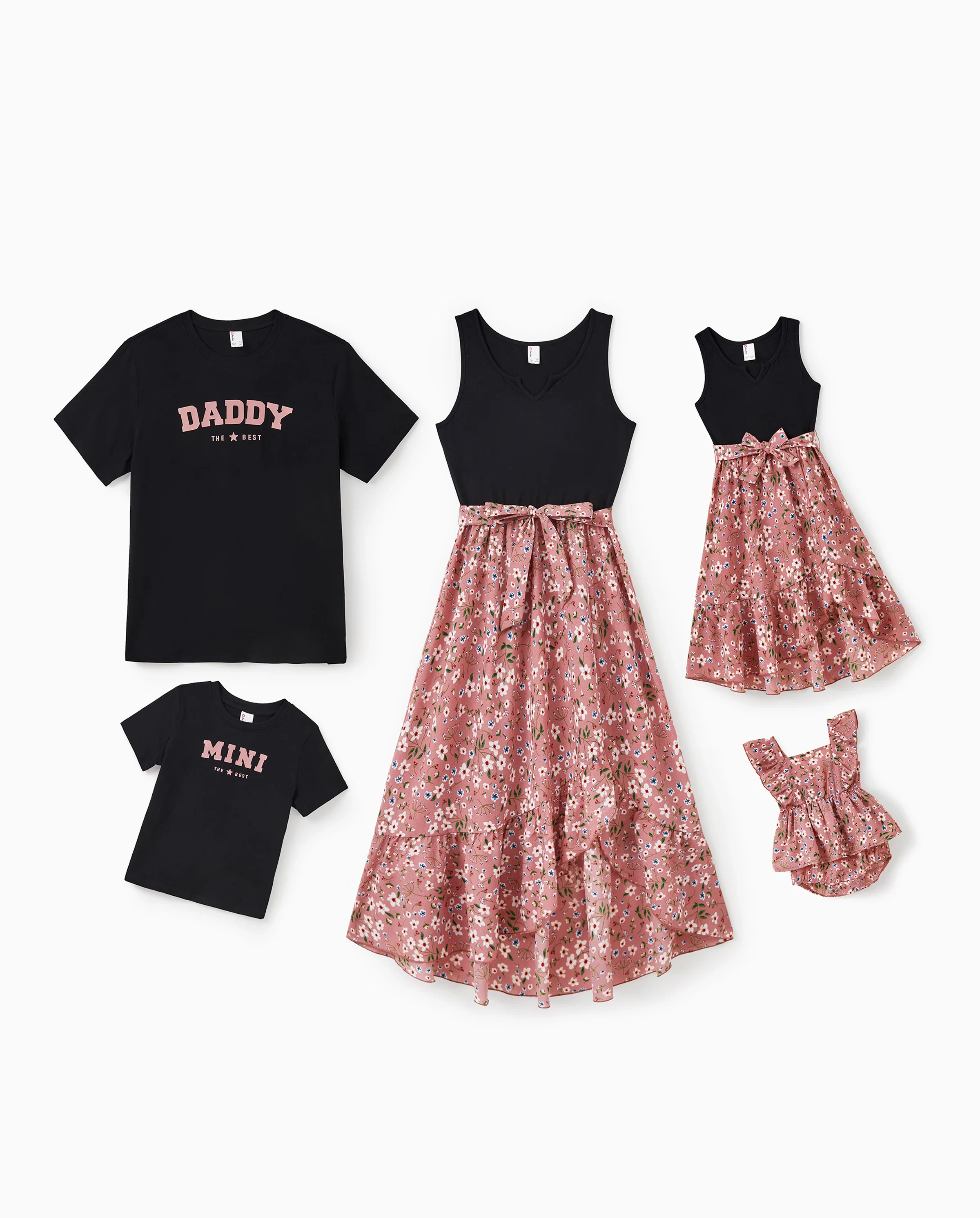 Funny Family Matching Cotton T-Shirt & Dress Set Daddy / Mini Print Black Tee for Dad and boy, Floral Print splicing Dress for Mom, girl and Baby, Perfect for Summer Family Outings Black - Image 10