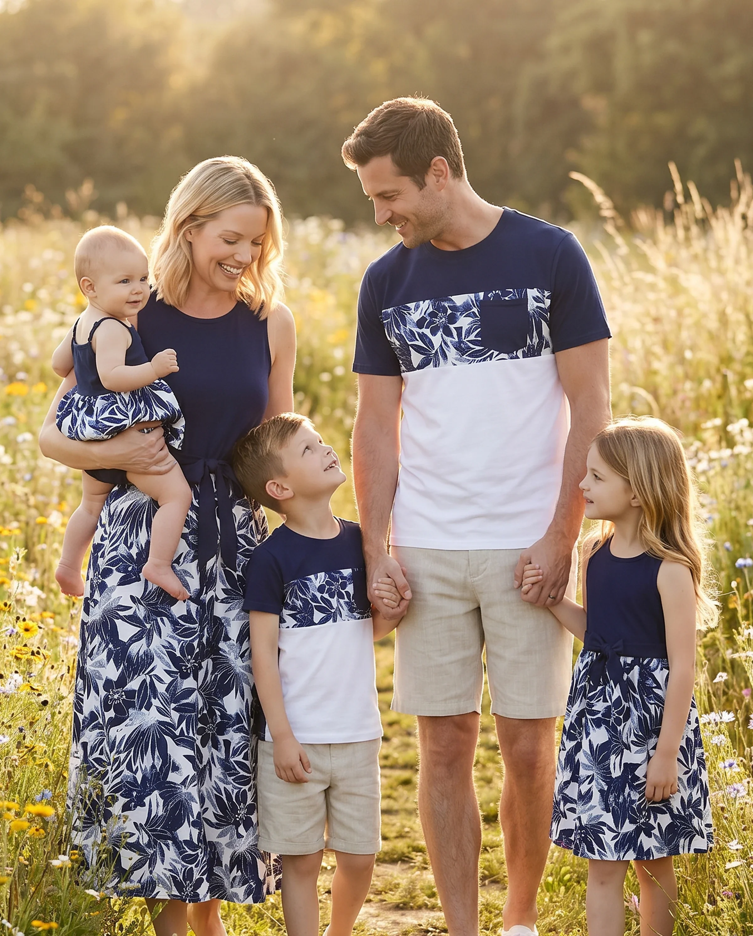 Family Matching Cotton Tee Flora Print Splicing Shirt or Tank Dress Deep Blue - Image 11