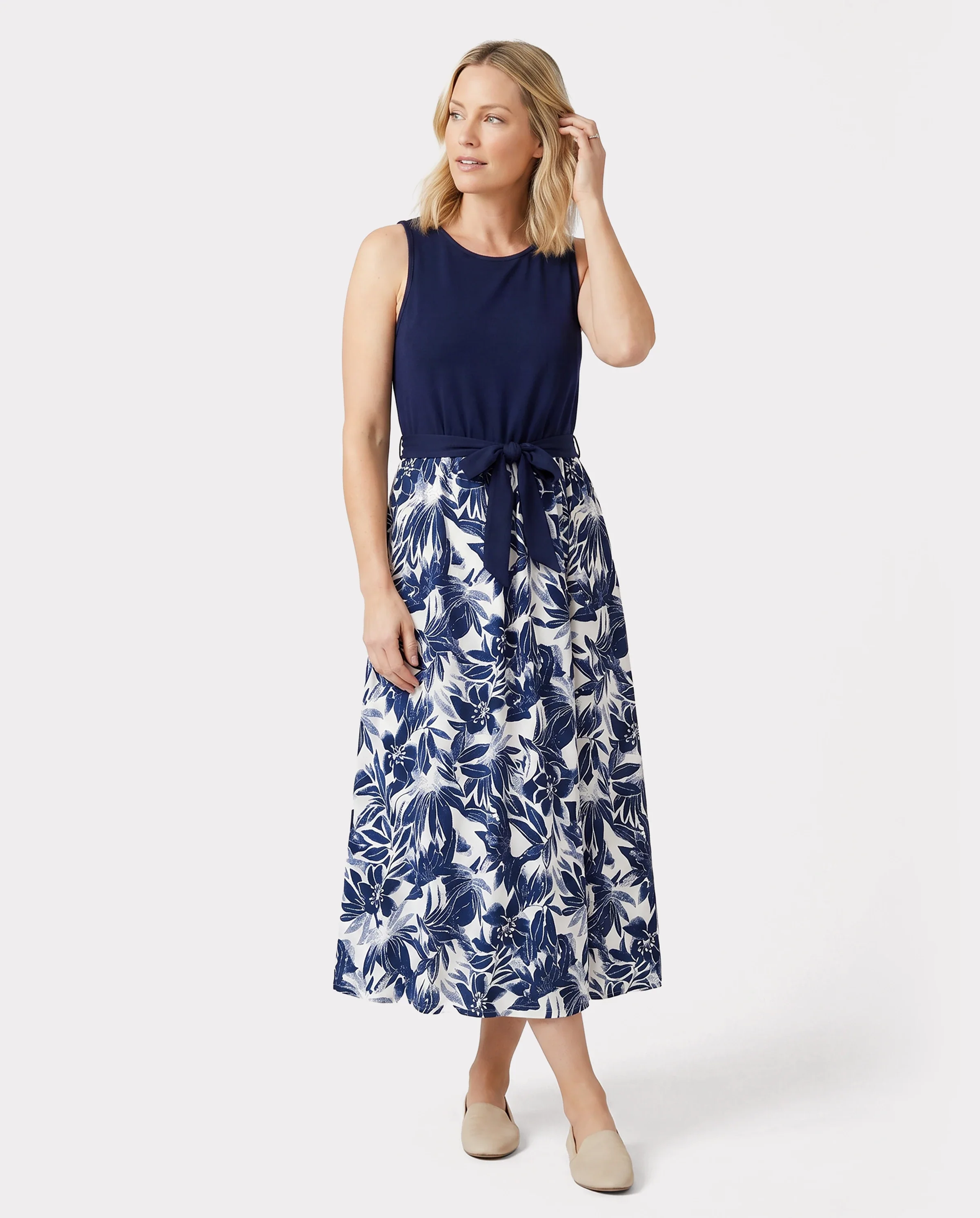 Family Matching Cotton Tee Flora Print Splicing Shirt or Tank Dress Deep Blue - Image 2
