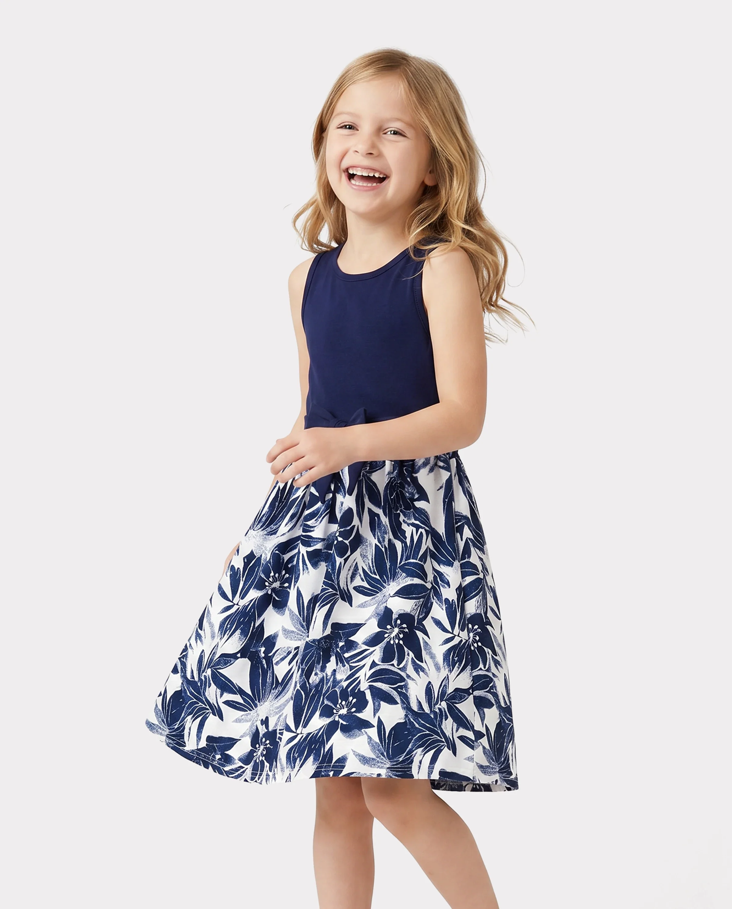Family Matching Cotton Tee Flora Print Splicing Shirt or Tank Dress Deep Blue - Image 3