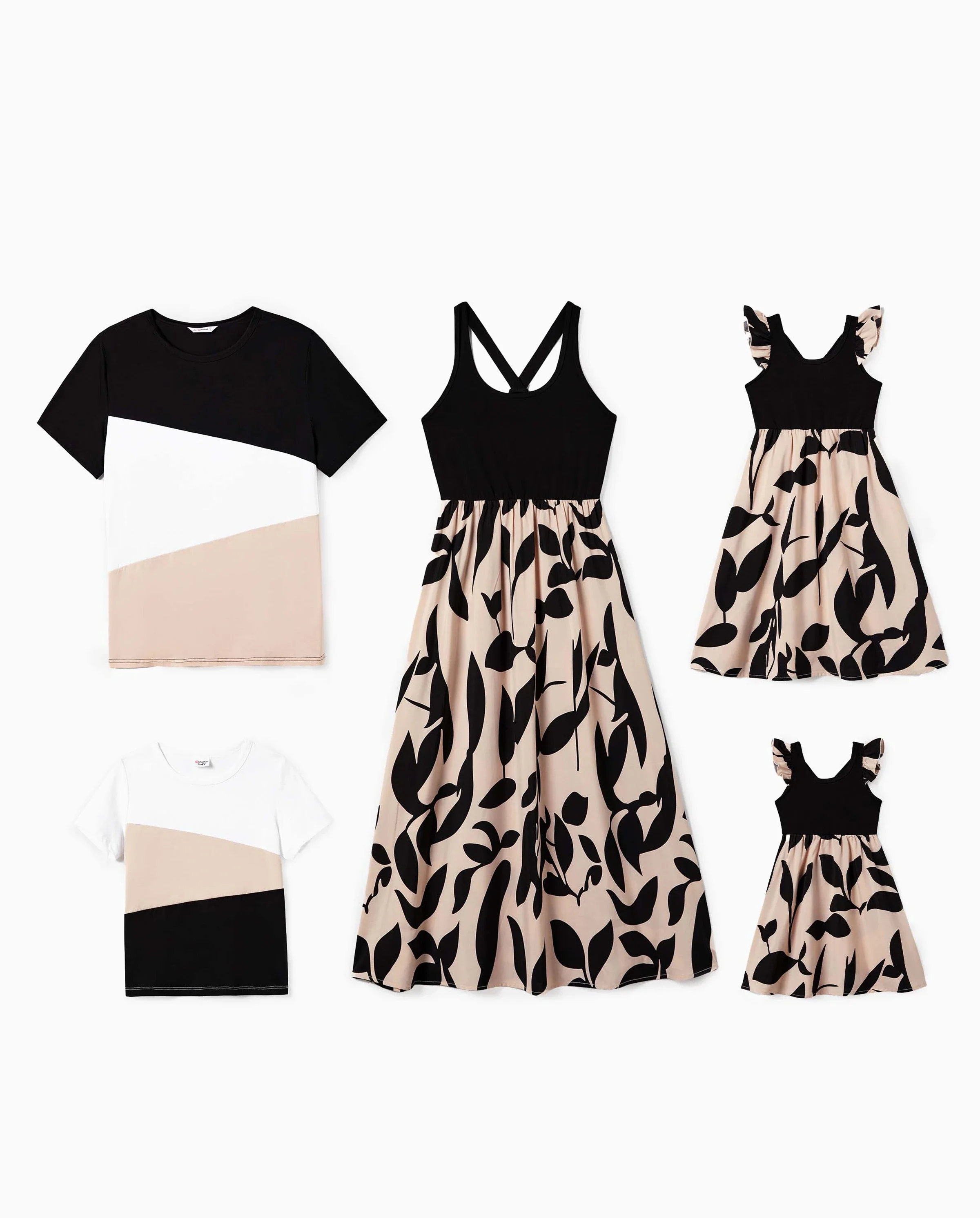 Family Matching Cross Back Floral Strap Dress and Colorblock Top Sets Black - Image 10