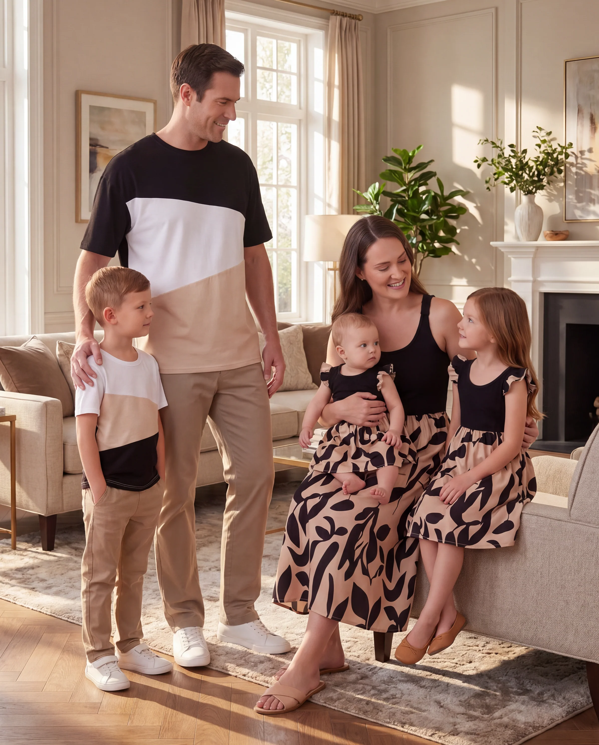 Family Matching Cross Back Floral Strap Dress and Colorblock Top Sets Black - Image 12
