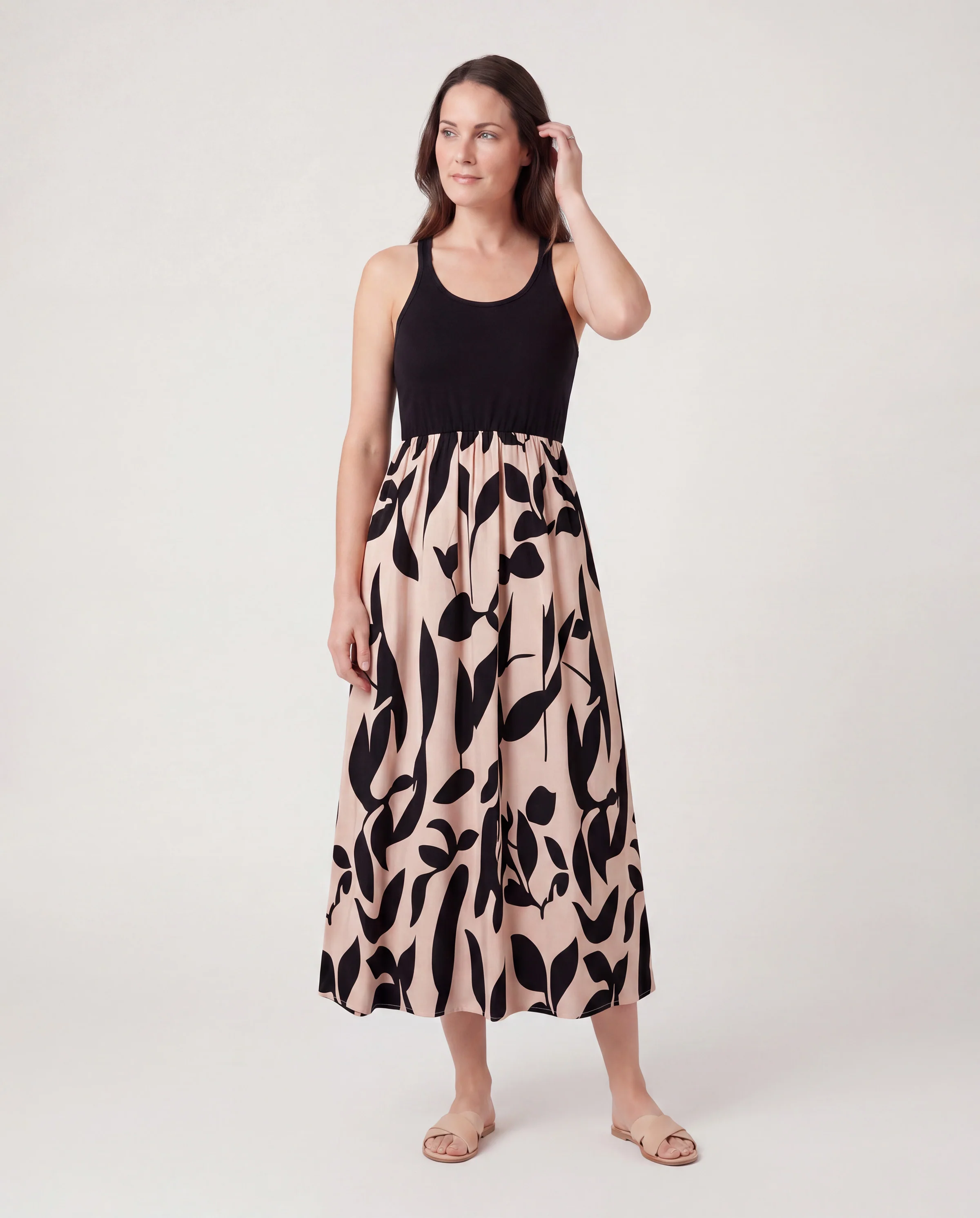 Family Matching Cross Back Floral Strap Dress and Colorblock Top Sets Black - Image 2