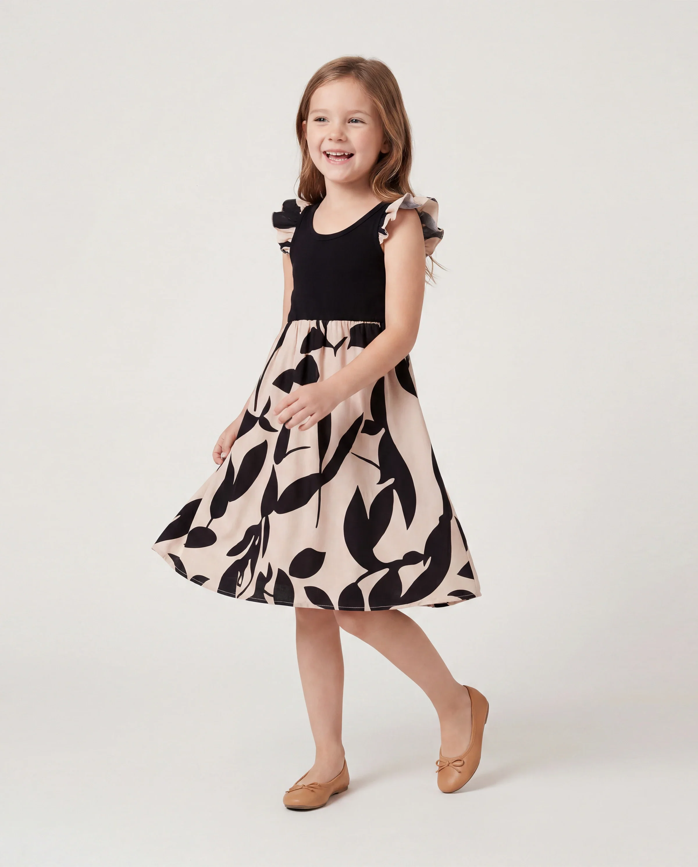 Family Matching Cross Back Floral Strap Dress and Colorblock Top Sets Black - Image 3