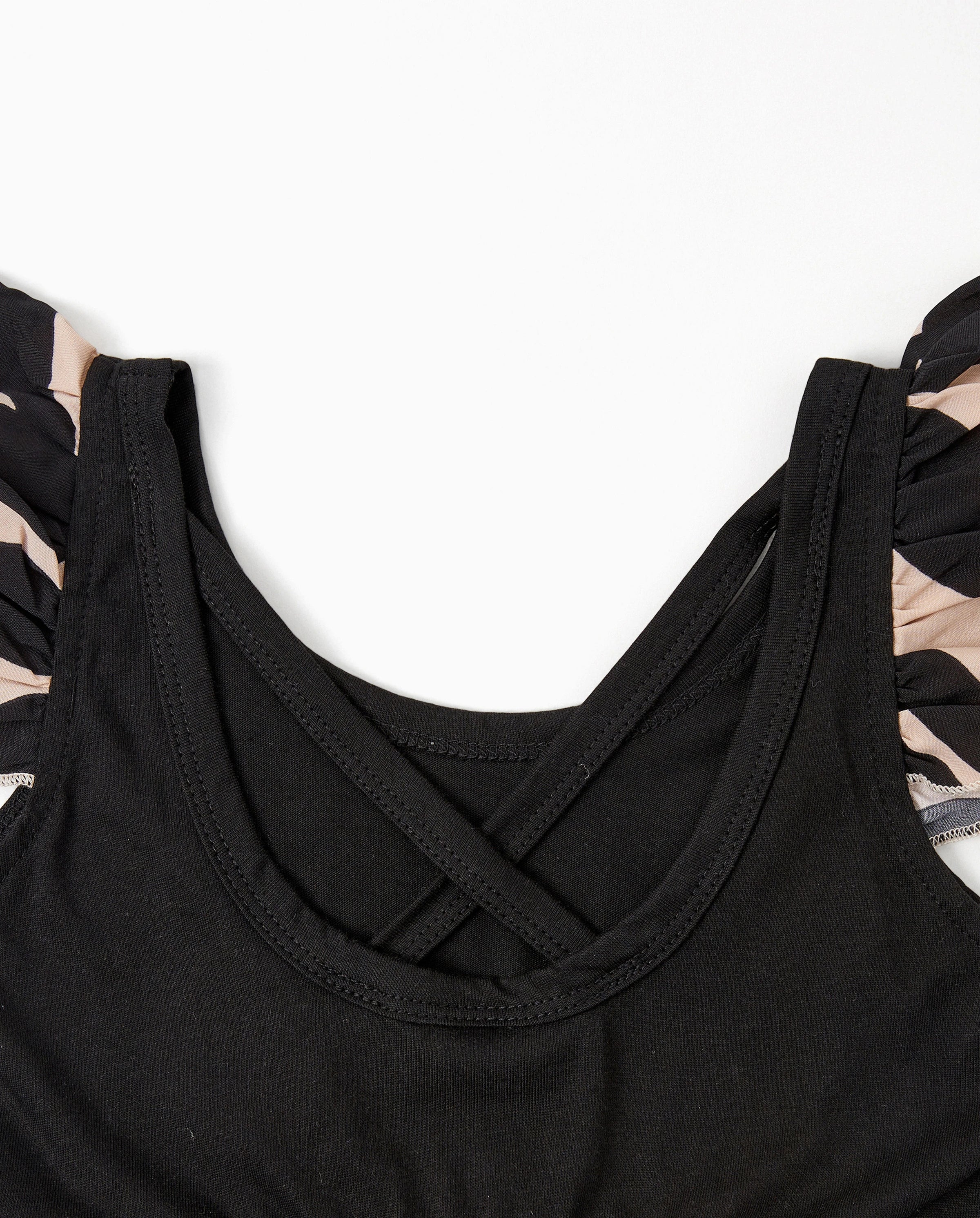 Family Matching Cross Back Floral Strap Dress and Colorblock Top Sets Black - Image 8