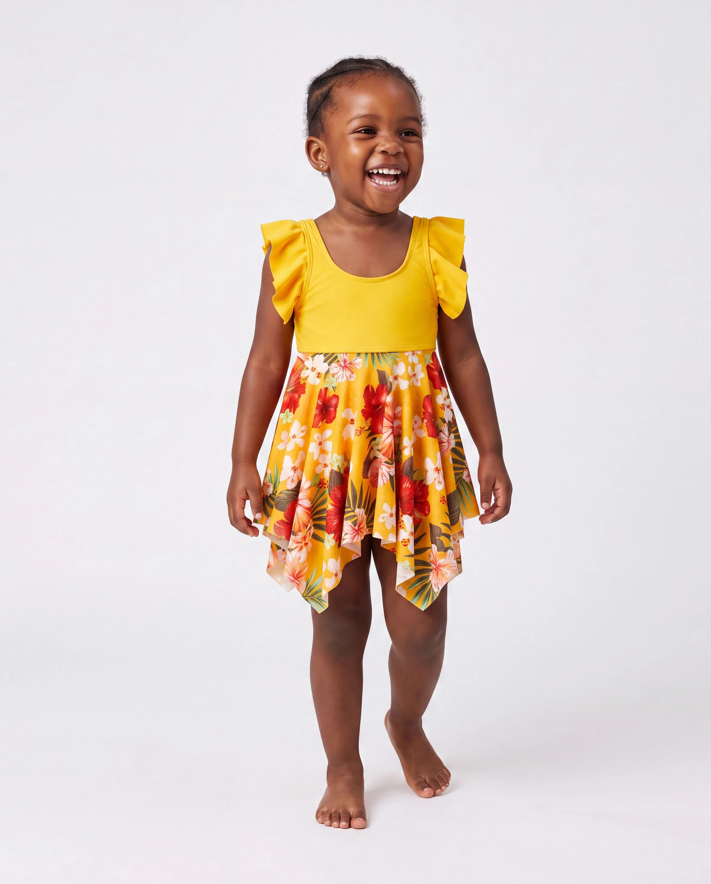 Family Matching Floral Drawstring Swim Trunks or Flowy Spliced Mesh Swim Dress with Triangle Swim Bottom Yellow - Image 3