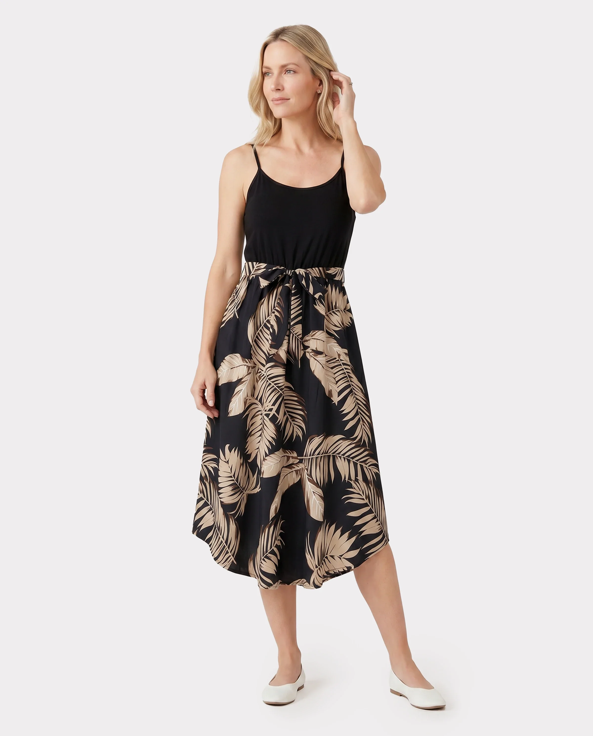 Family Matching Floral Print Belted Cami Dresses And Solid Short Sleeve Tops Sets Black - Image 2