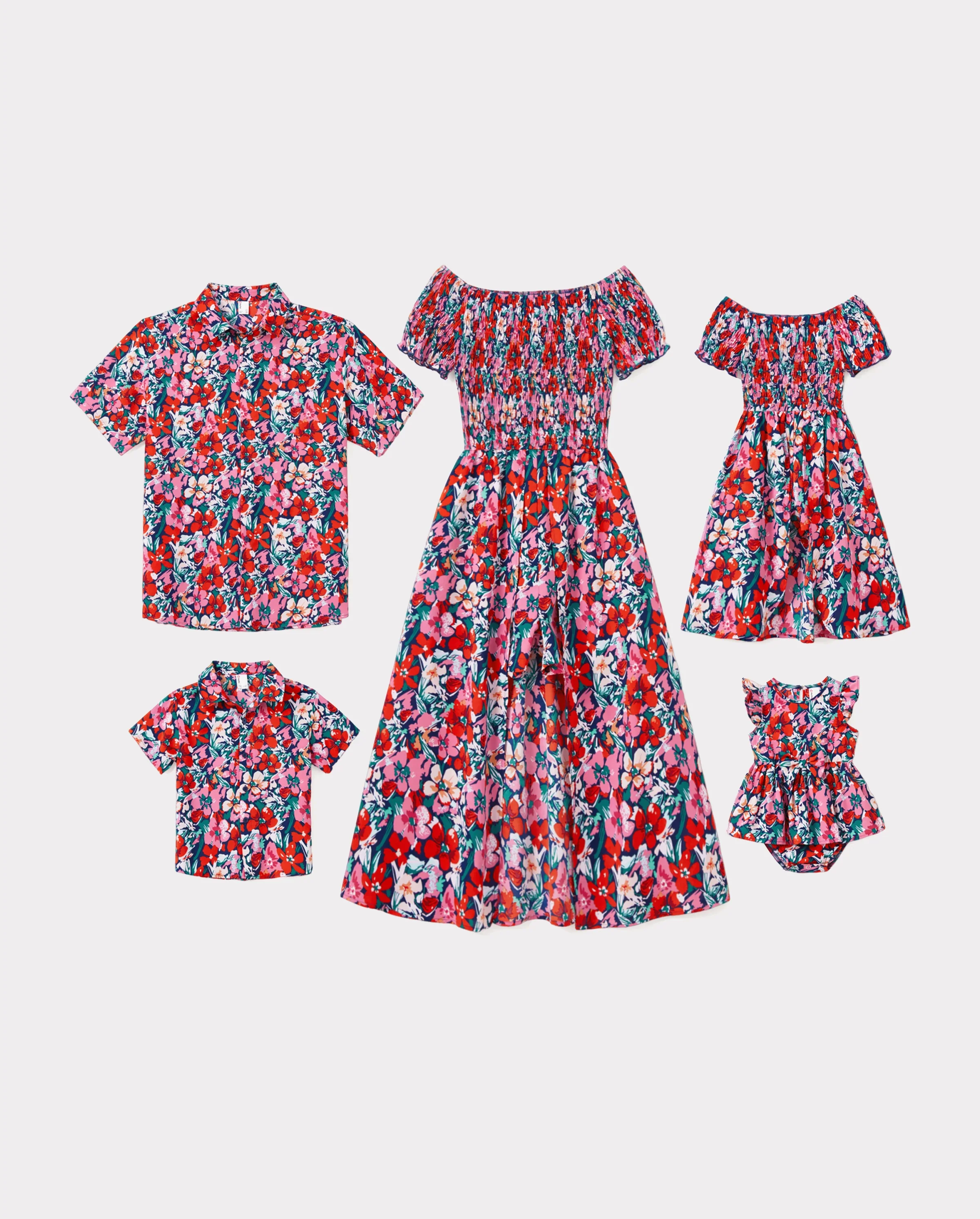 Family Matching Floral Print Short-sleeve Shirt or Off Shoulder Smocking Dresses Set Dark Blue - Image 10