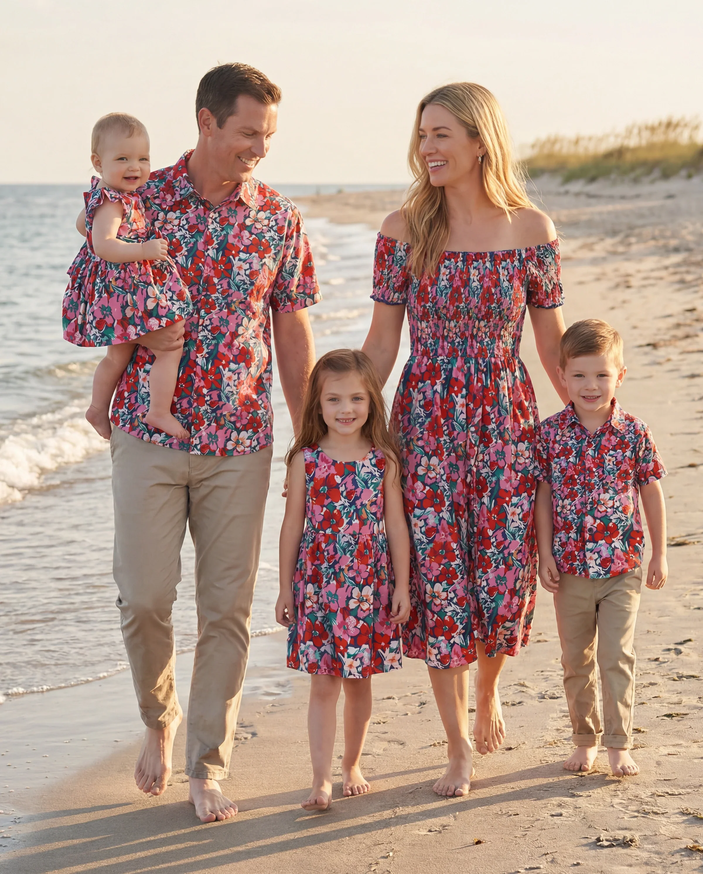 Family Matching Floral Print Short-sleeve Shirt or Off Shoulder Smocking Dresses Set Dark Blue - Image 11