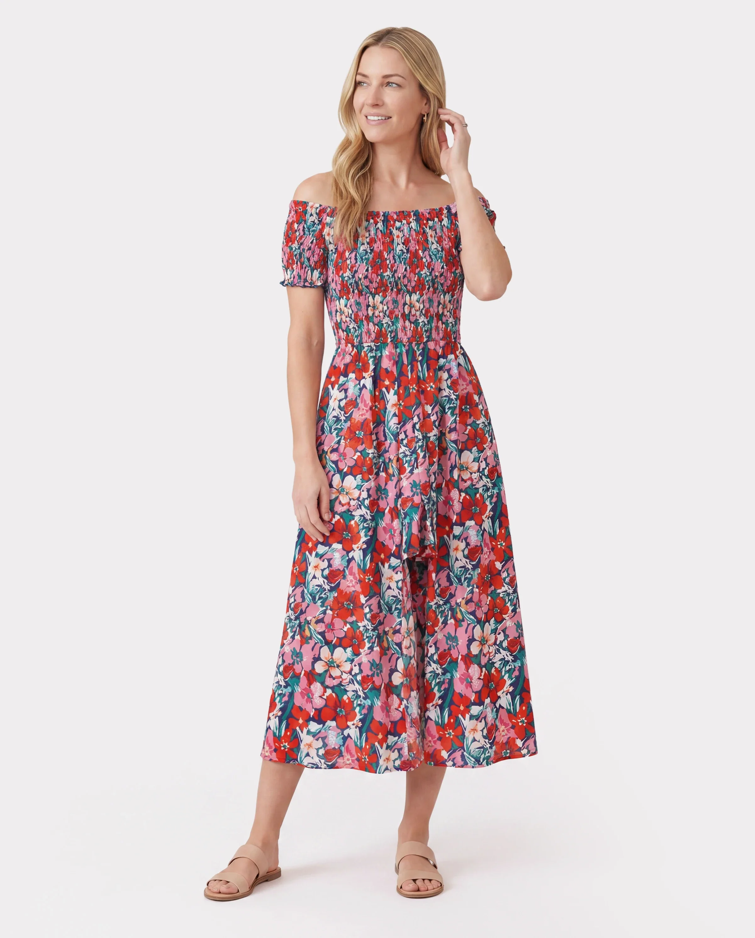 Family Matching Floral Print Short-sleeve Shirt or Off Shoulder Smocking Dresses Set Dark Blue - Image 2