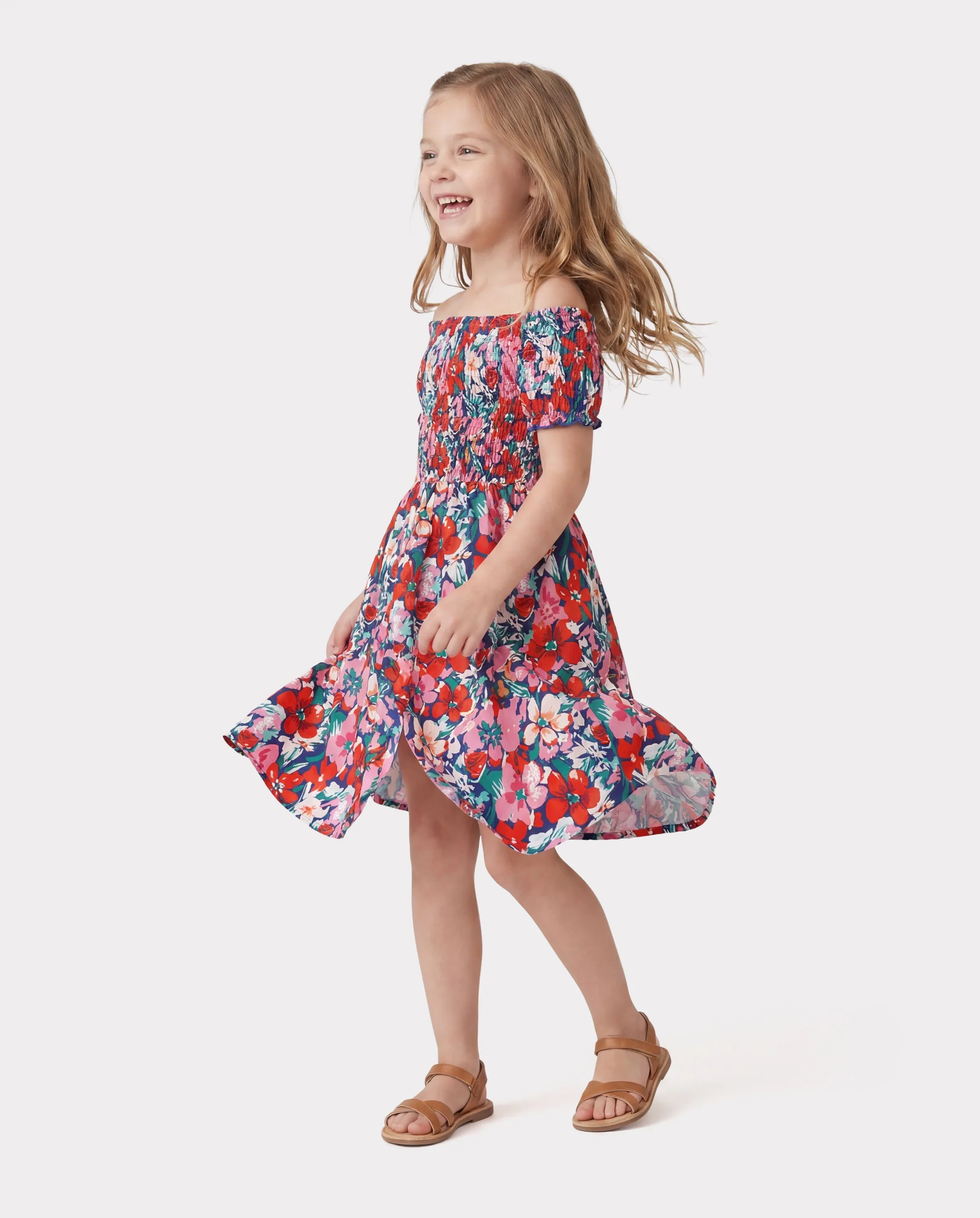 Family Matching Floral Print Short-sleeve Shirt or Off Shoulder Smocking Dresses Set Dark Blue - Image 3