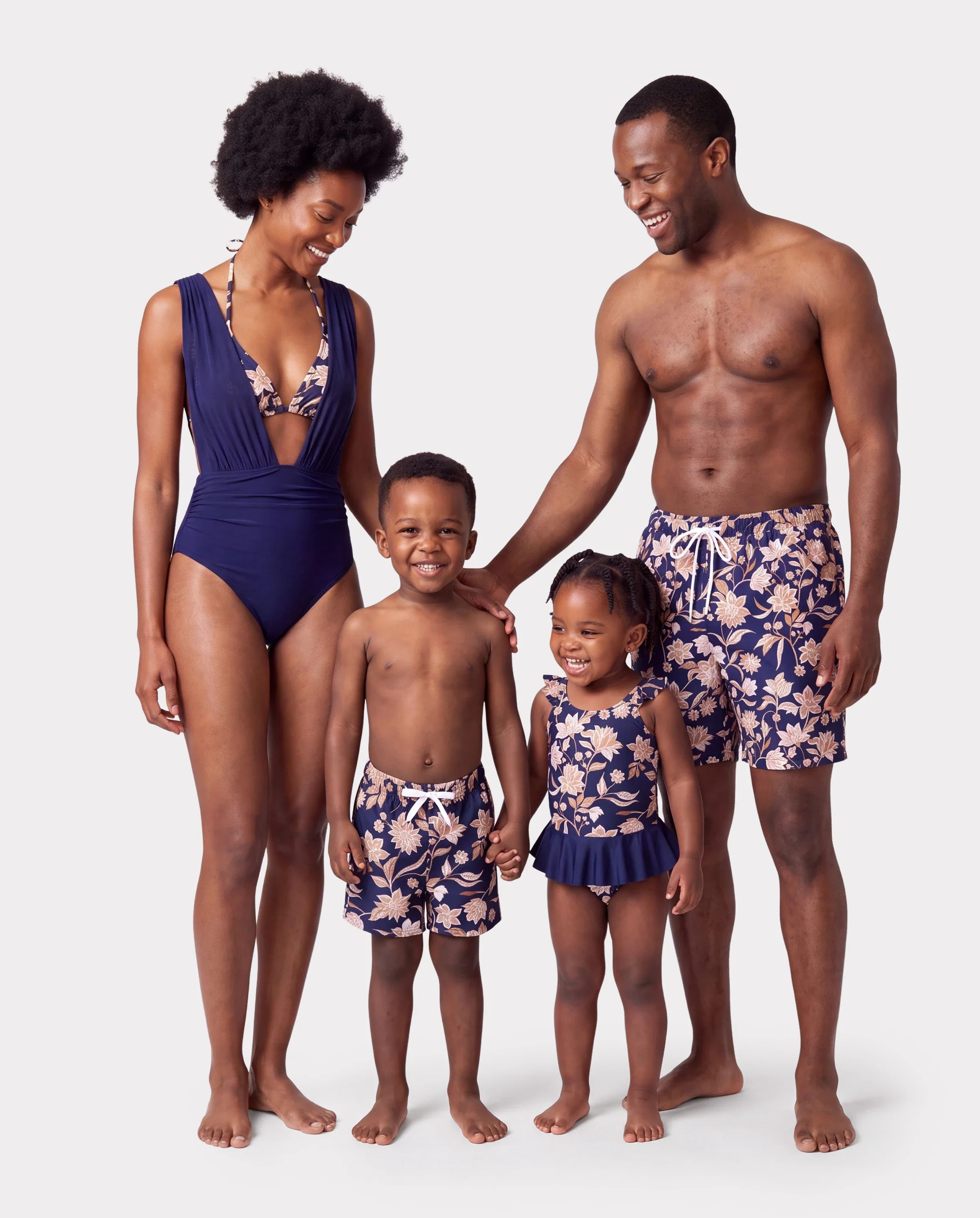 Family Matching Floral Print Swimsuits 2-in-1 One-Piece Swimsuit & Swim Trunks Deep Blue