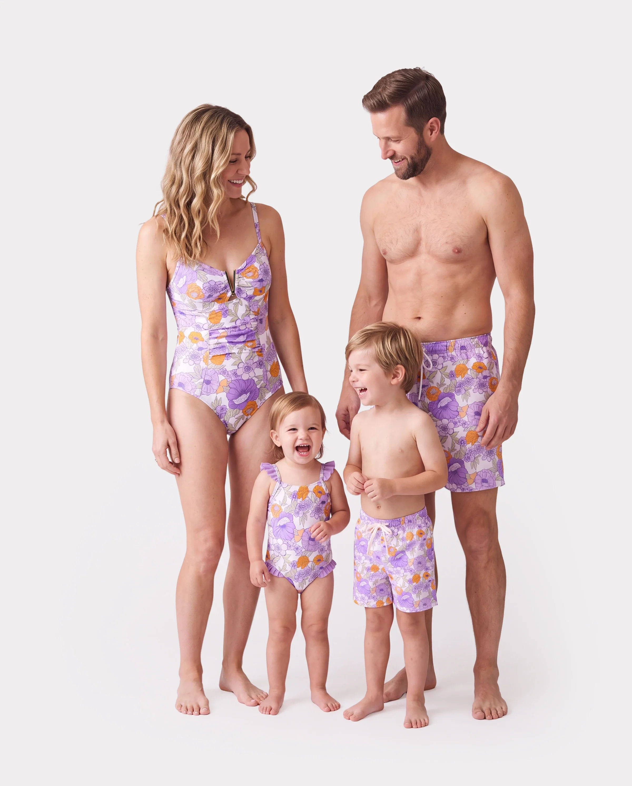 Family Matching Floral Print Swimsuits Ruffled One-Piece Bathing Suit & Swim Trunks Set Purple