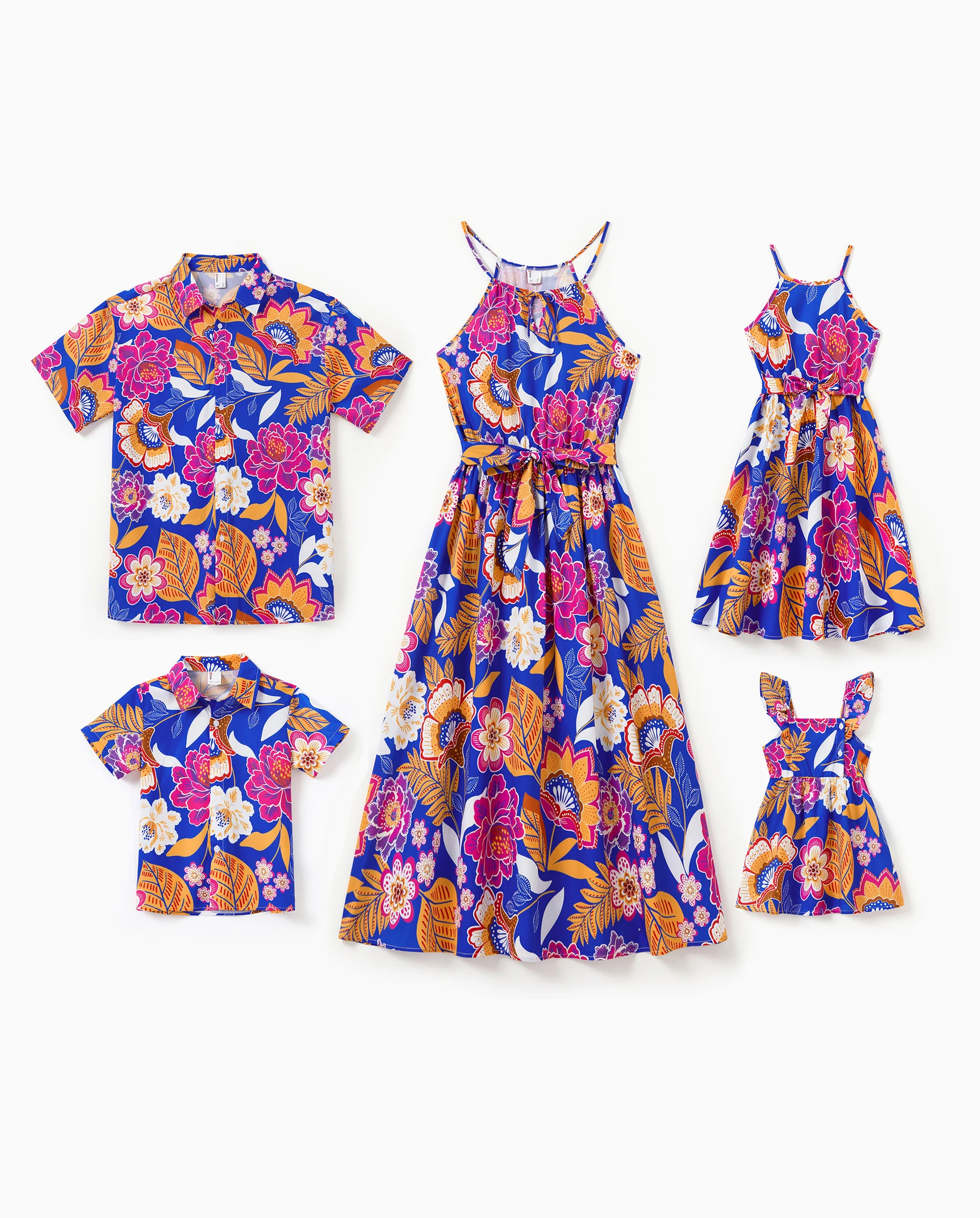 Family Matching Hawaiian Outfits Tropical Floral Print Vacation Clothes Strap Belted Dress or Short-sleeve Shirts Summer Beachwear Set Navy - Image 10