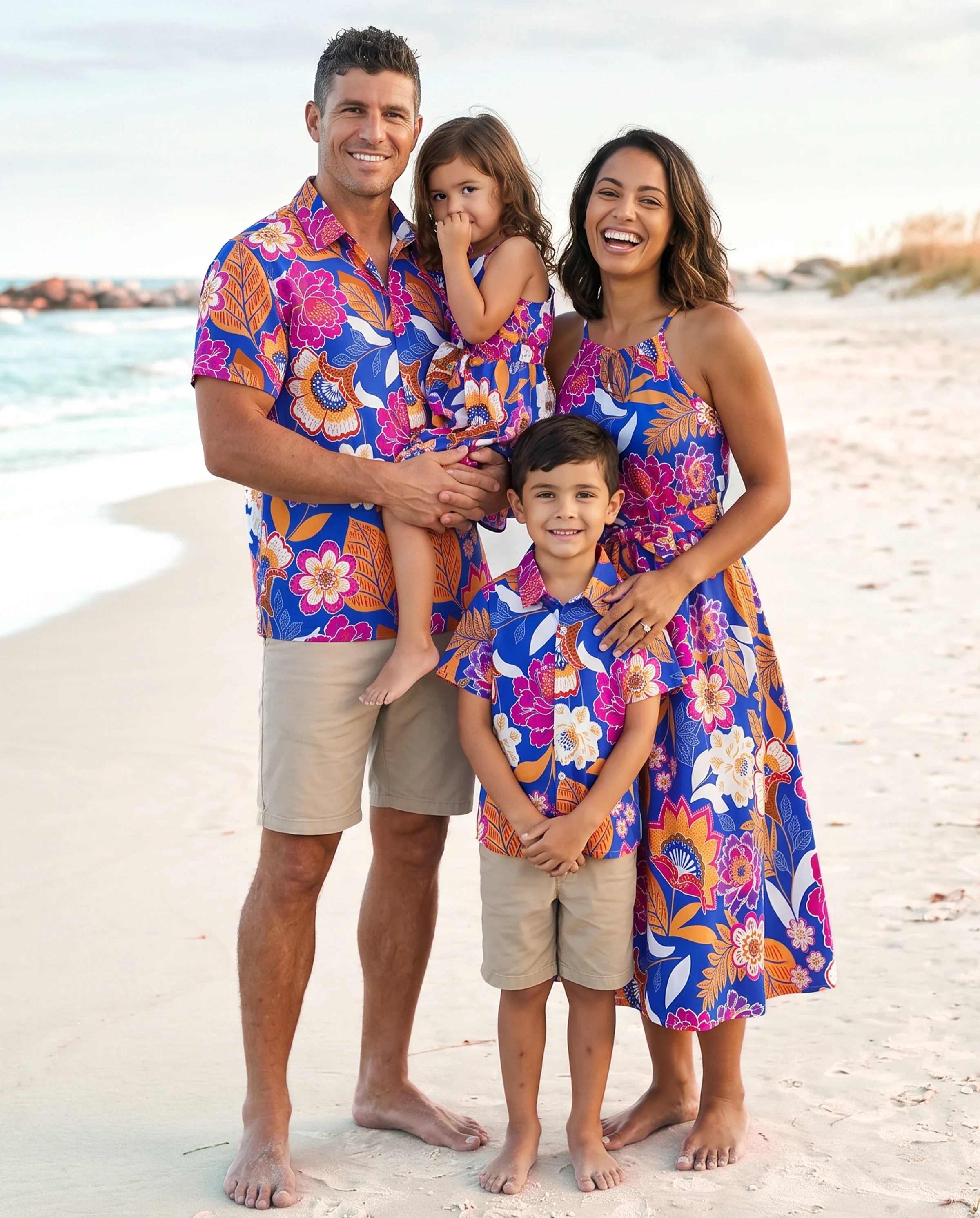 Family Matching Hawaiian Outfits Tropical Floral Print Vacation Clothes Strap Belted Dress or Short-sleeve Shirts Summer Beachwear Set Navy - Image 11