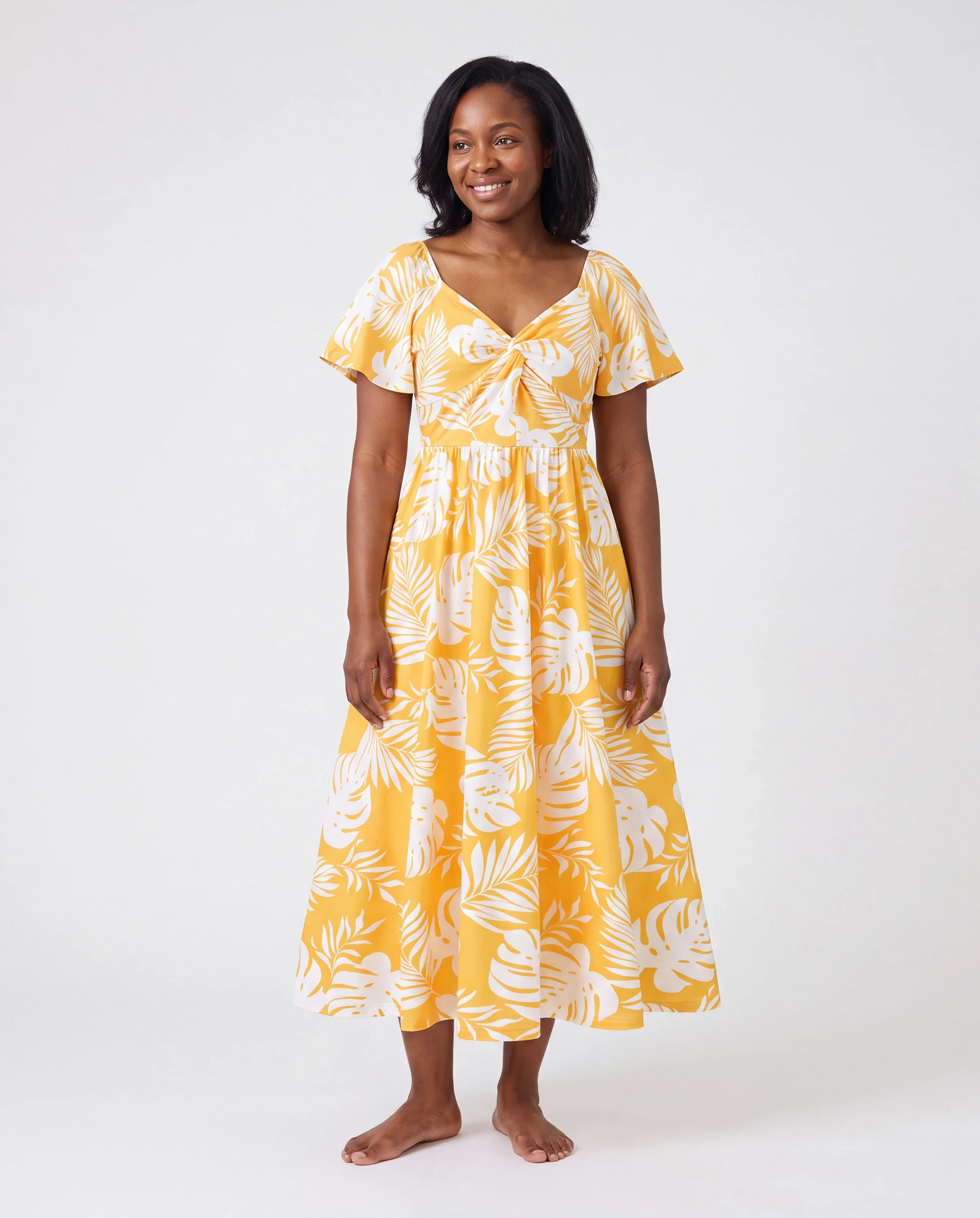 Family Matching Leaf Print Flutter Dress or Short-sleeve Colorblock Shirts Yellow - Image 2
