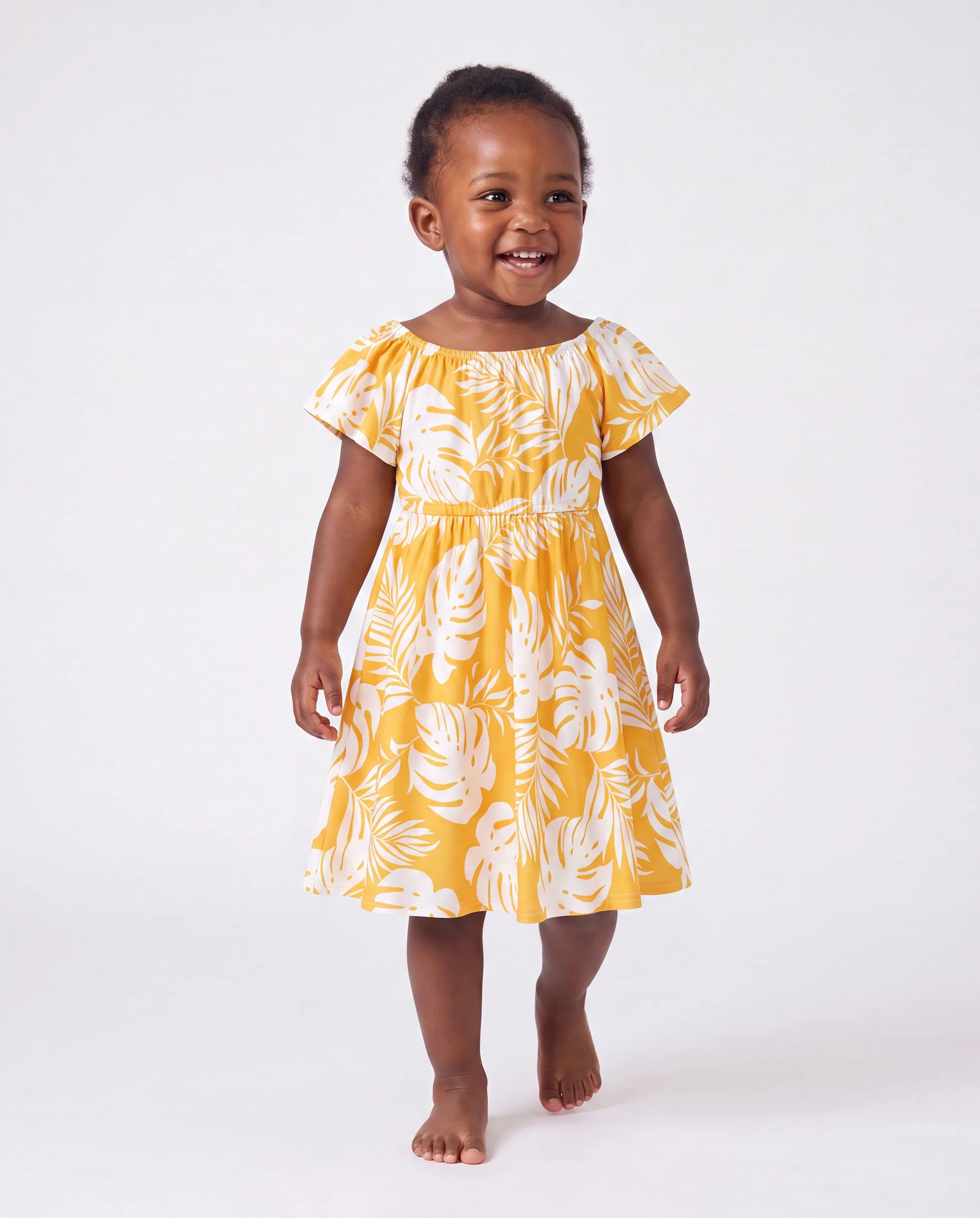 Family Matching Leaf Print Flutter Dress or Short-sleeve Colorblock Shirts Yellow - Image 3