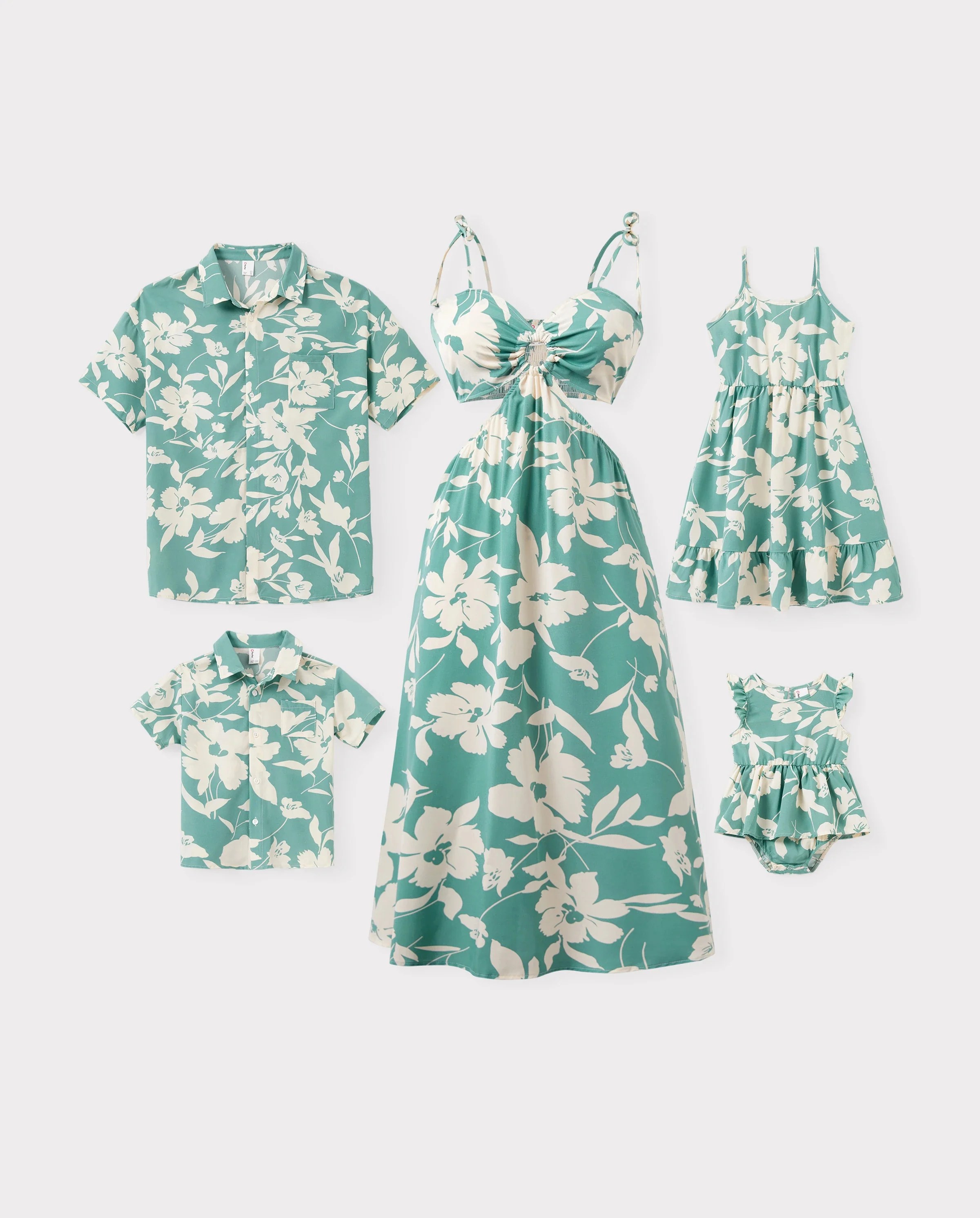 Family Matching Leaf Print Green Short-sleeve Shirt or Sling Shirred Dress Set Green - Image 11