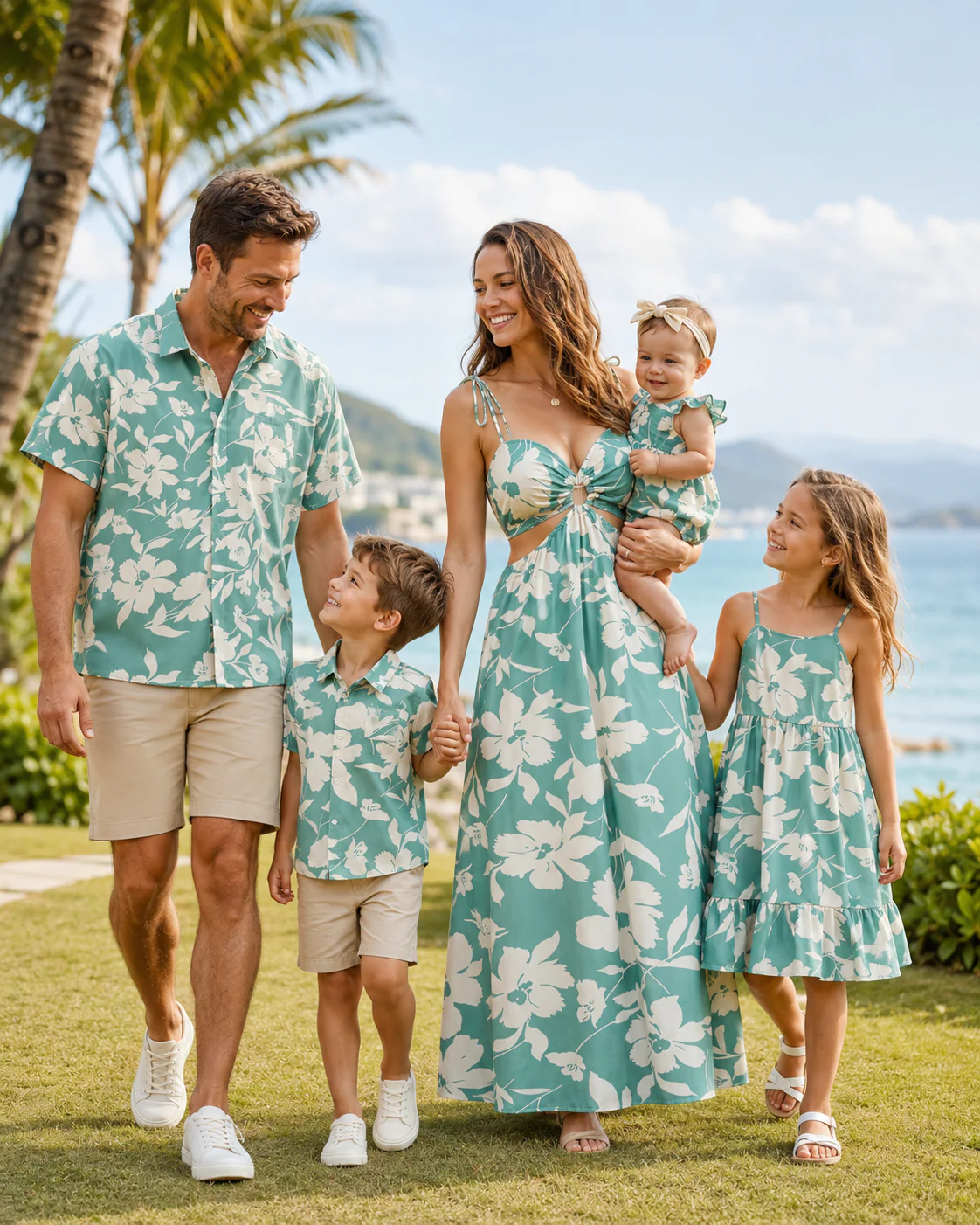 Family Matching Leaf Print Green Short-sleeve Shirt or Sling Shirred Dress Set Green - Image 12