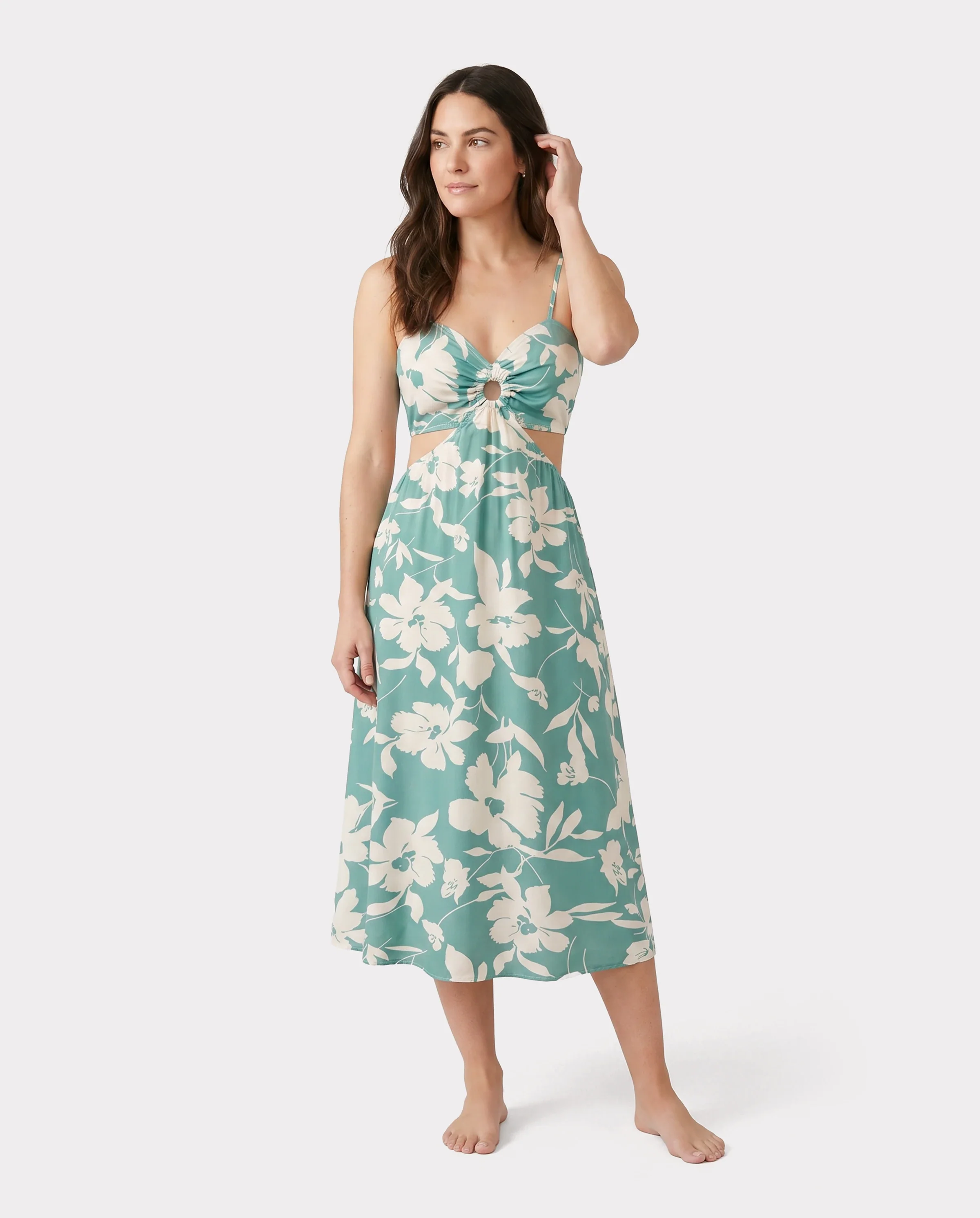 Family Matching Leaf Print Green Short-sleeve Shirt or Sling Shirred Dress Set Green - Image 2