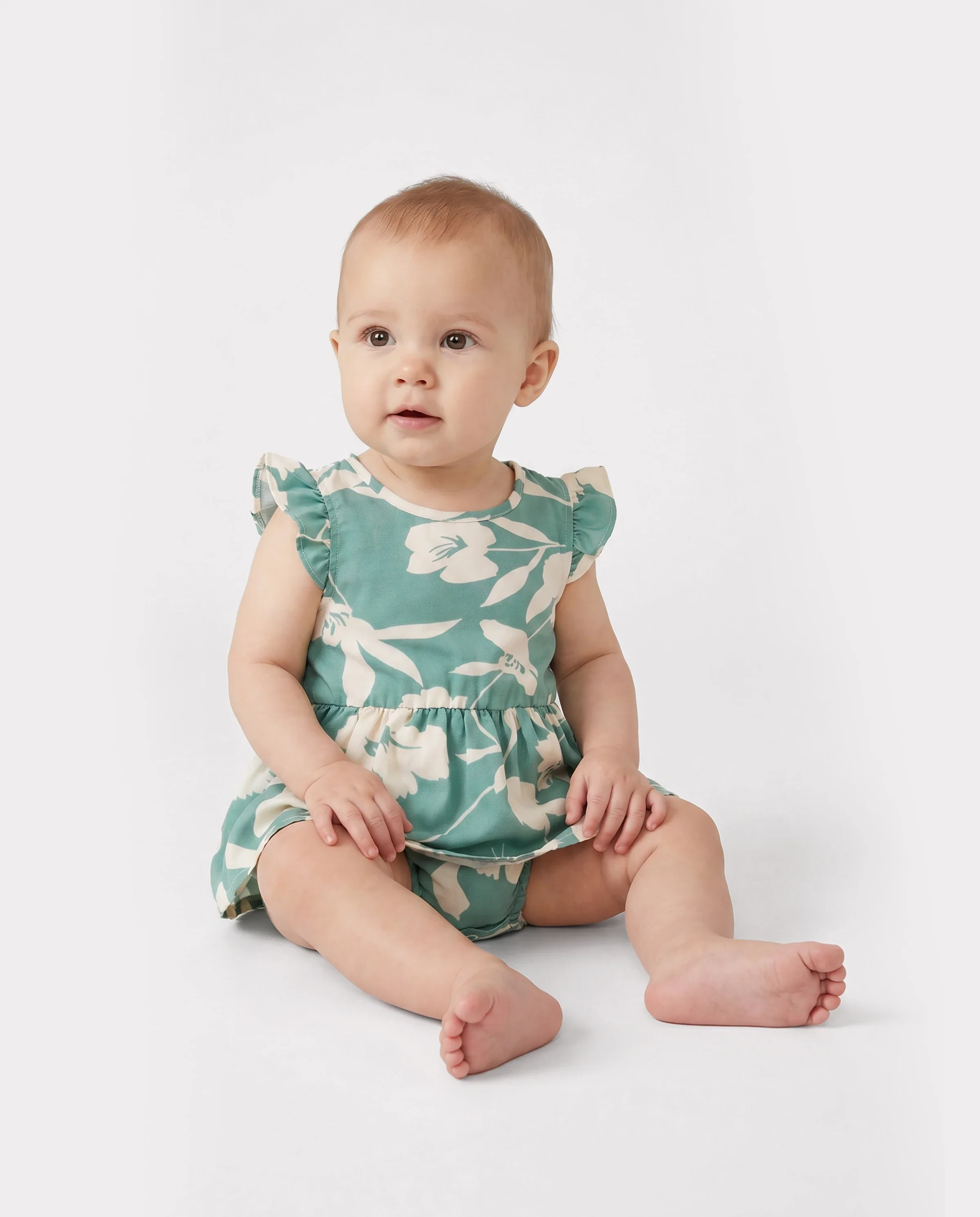 Family Matching Leaf Print Green Short-sleeve Shirt or Sling Shirred Dress Set Green - Image 4