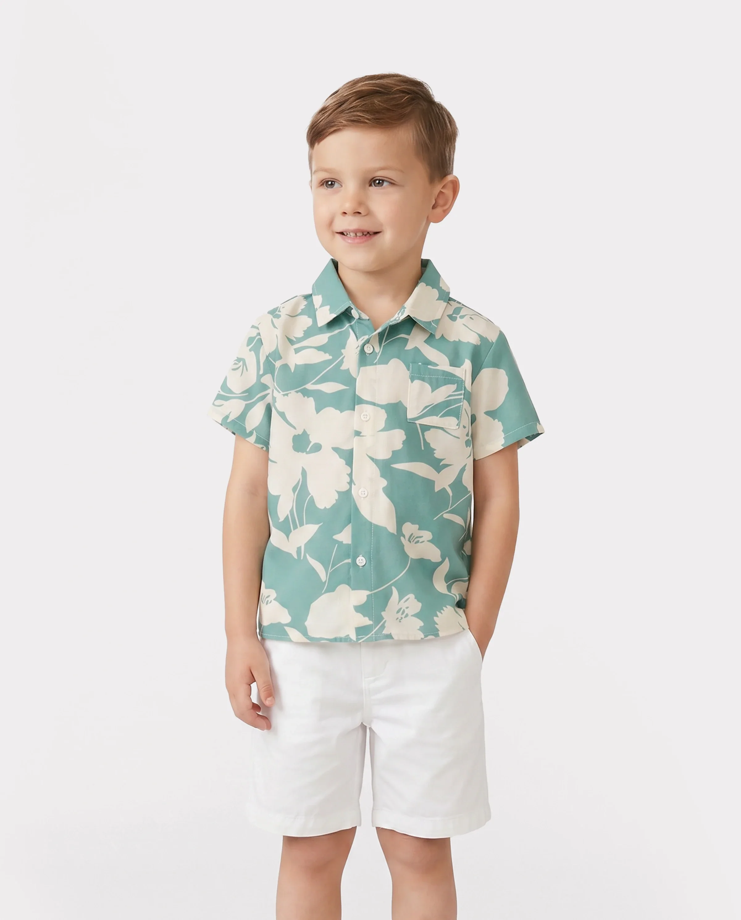 Family Matching Leaf Print Green Short-sleeve Shirt or Sling Shirred Dress Set Green - Image 6