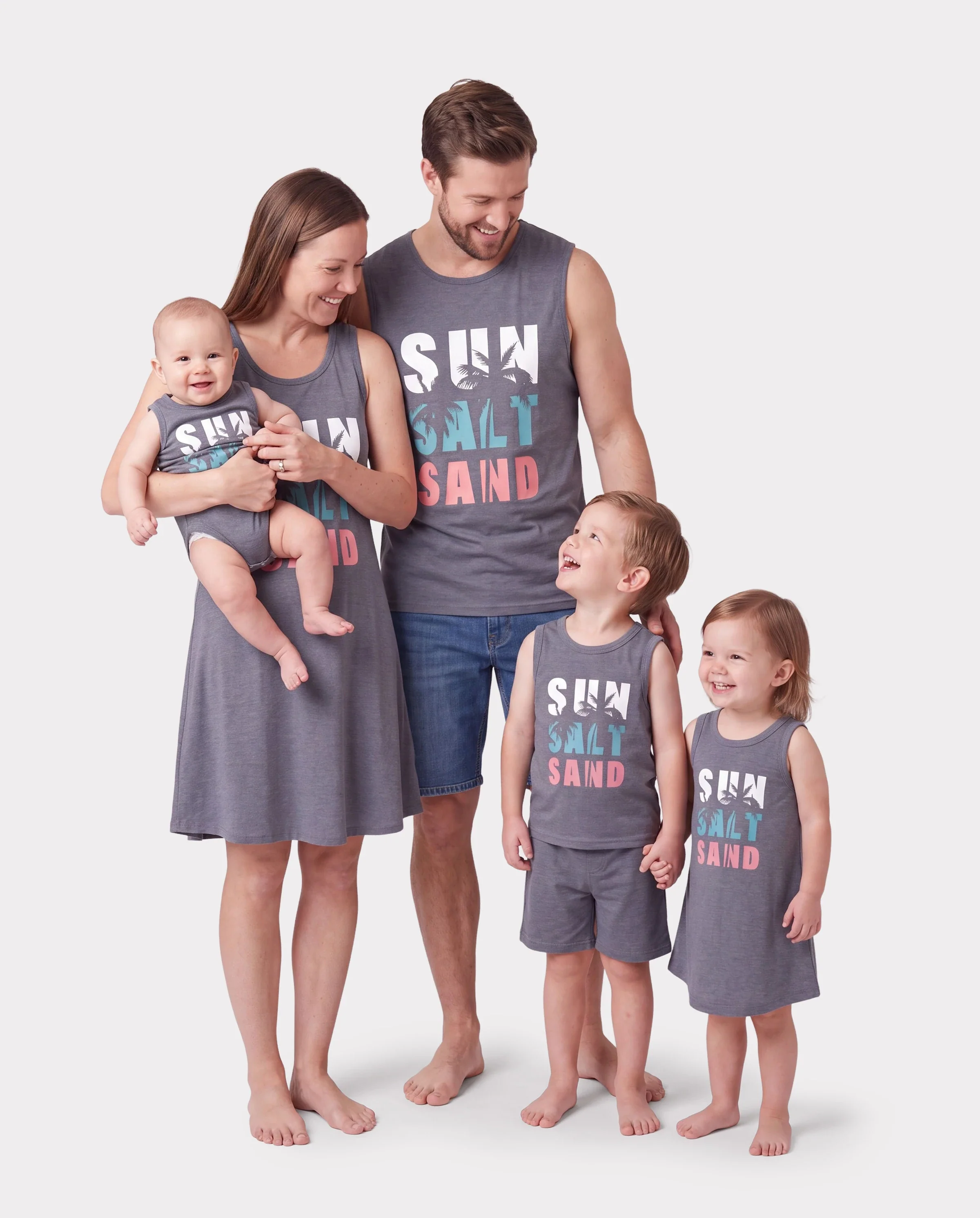 Family Matching Letter Print Sleeveless Tank Top or Tank Dress Set Grey