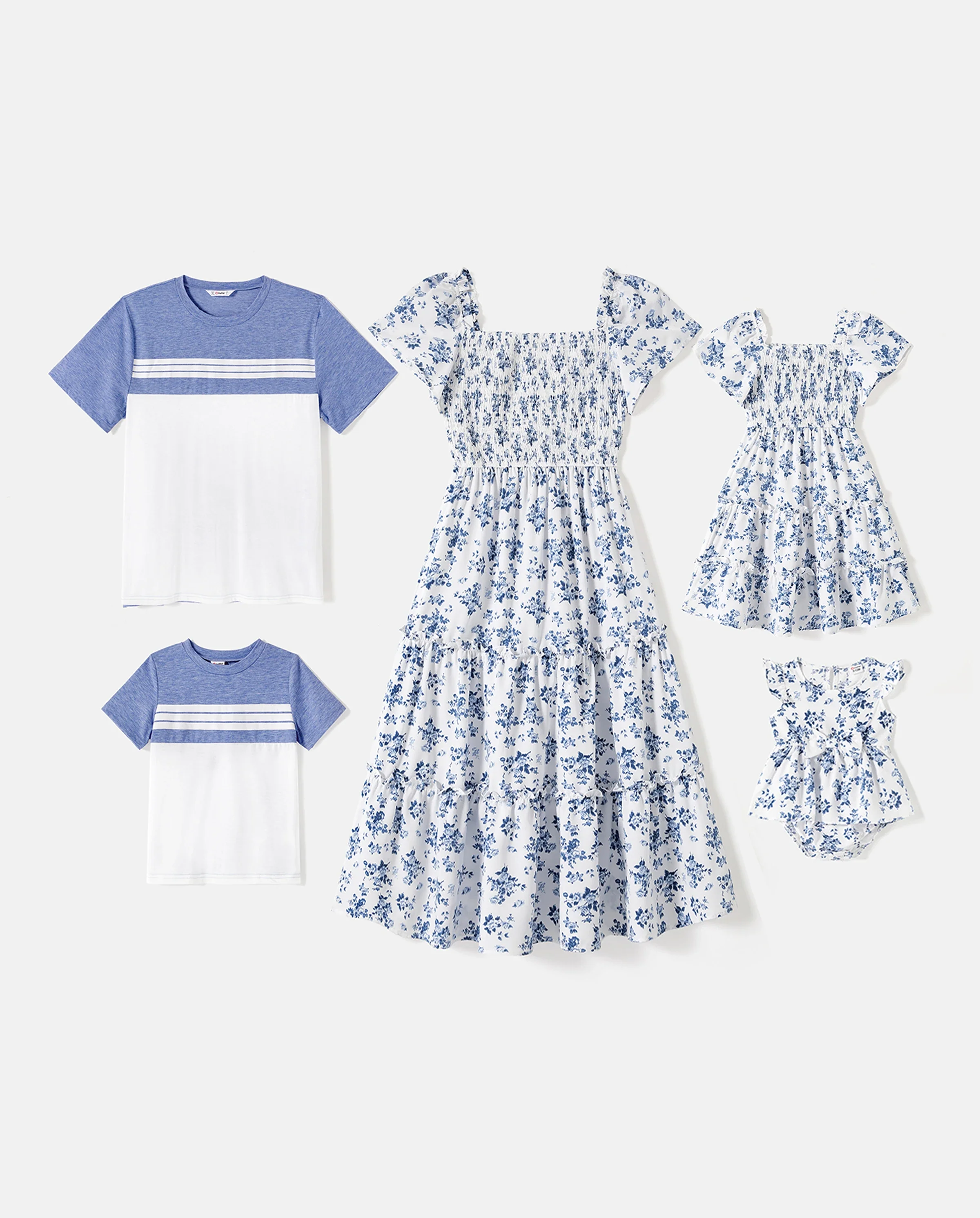 Family Matching Outfit: Floral Smocking Casual Suit BLUEWHITE - Image 10