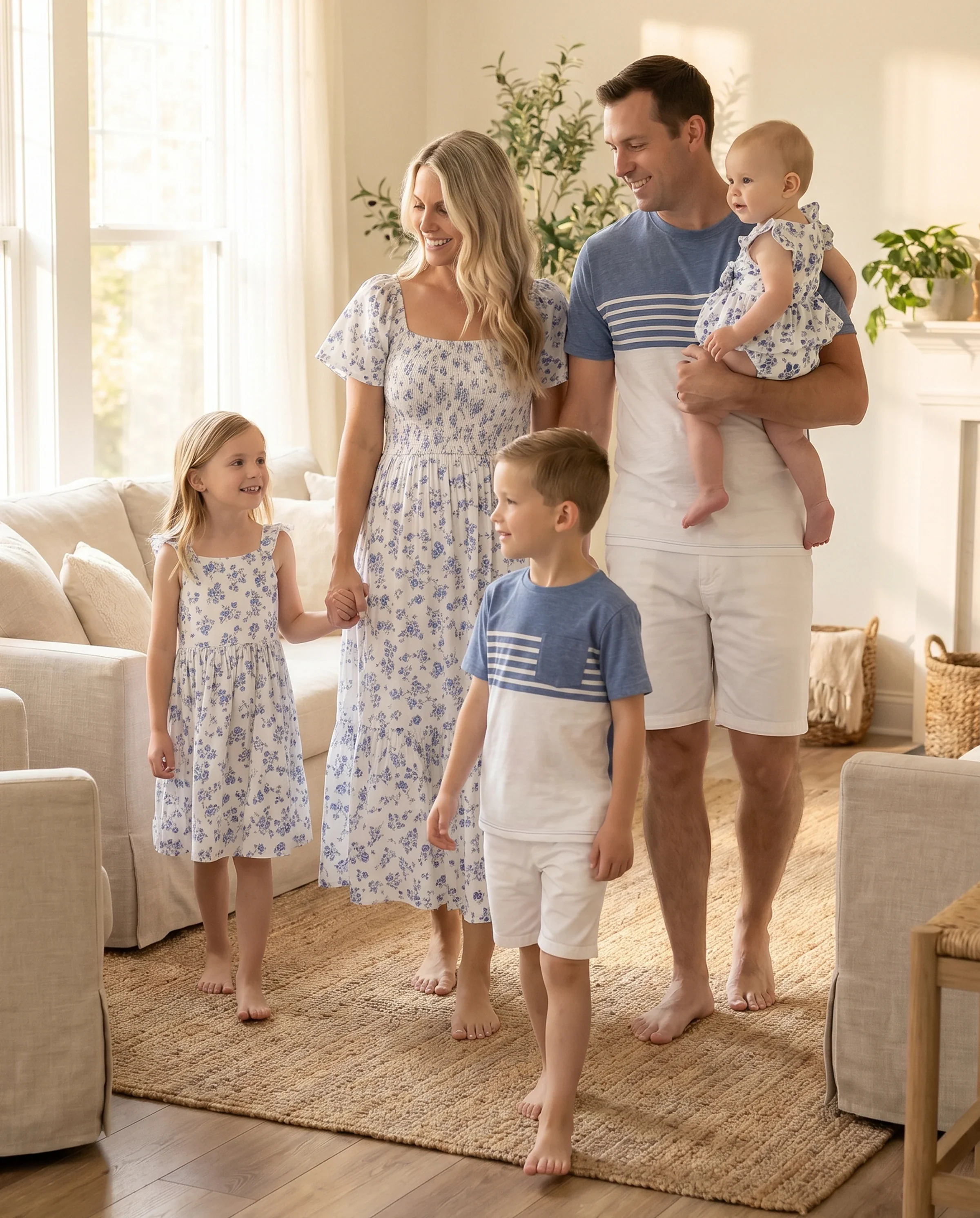Family Matching Outfit: Floral Smocking Casual Suit BLUEWHITE - Image 11
