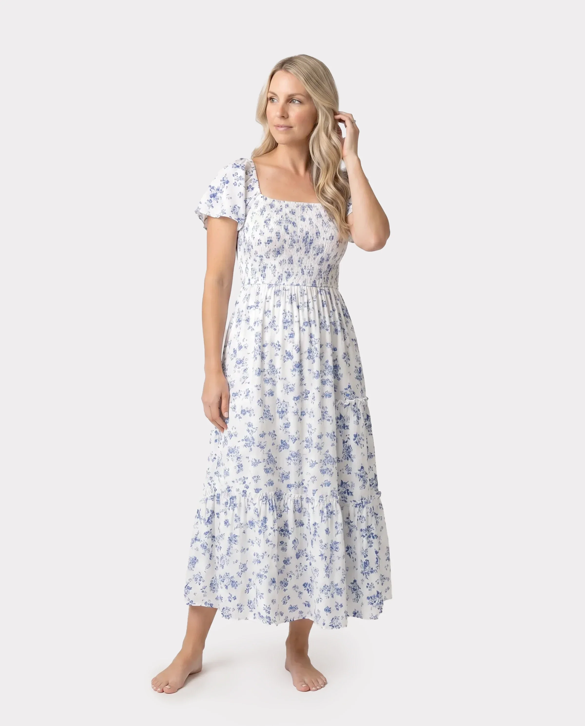 Family Matching Outfit: Floral Smocking Casual Suit BLUEWHITE - Image 2