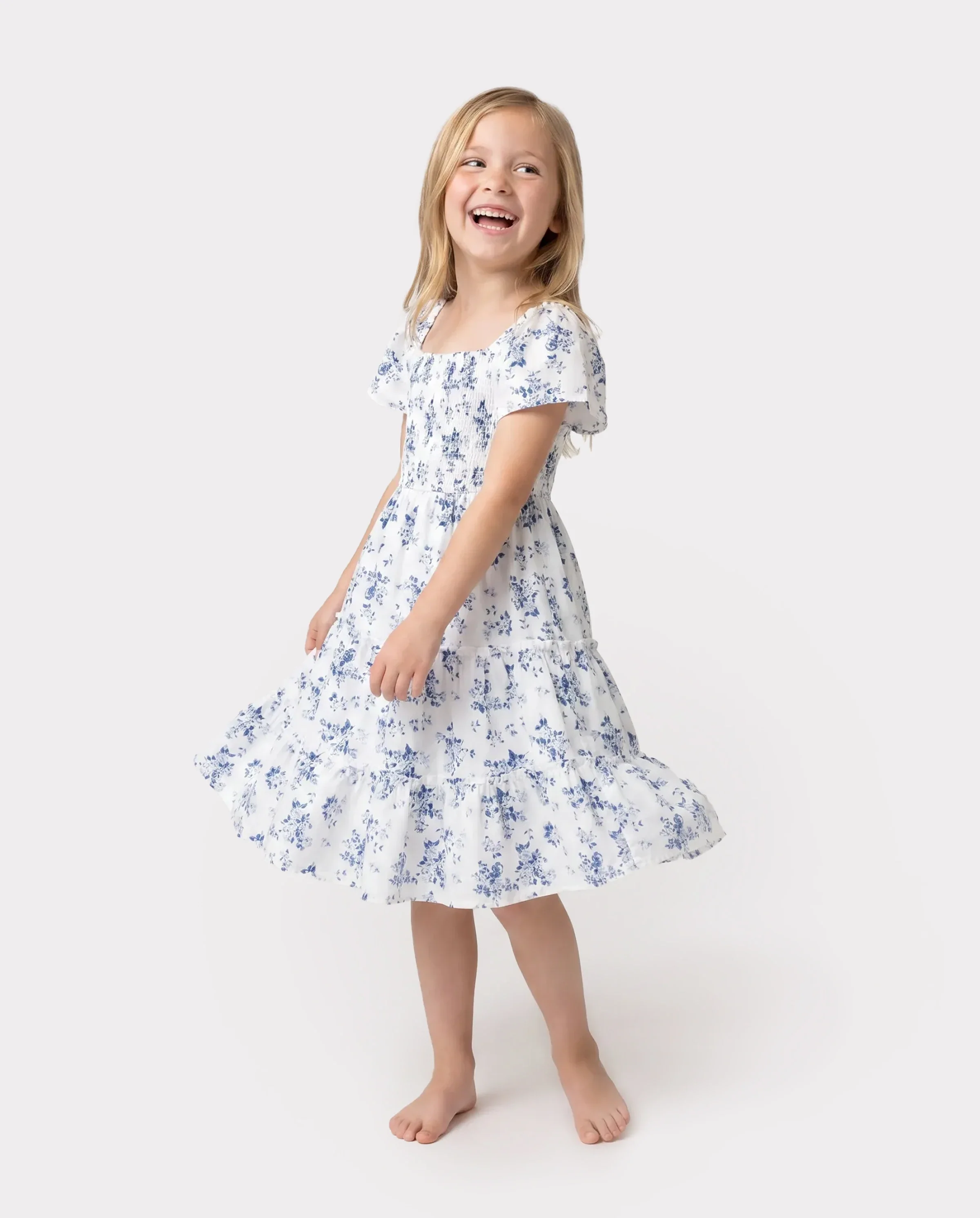 Family Matching Outfit: Floral Smocking Casual Suit BLUEWHITE - Image 3