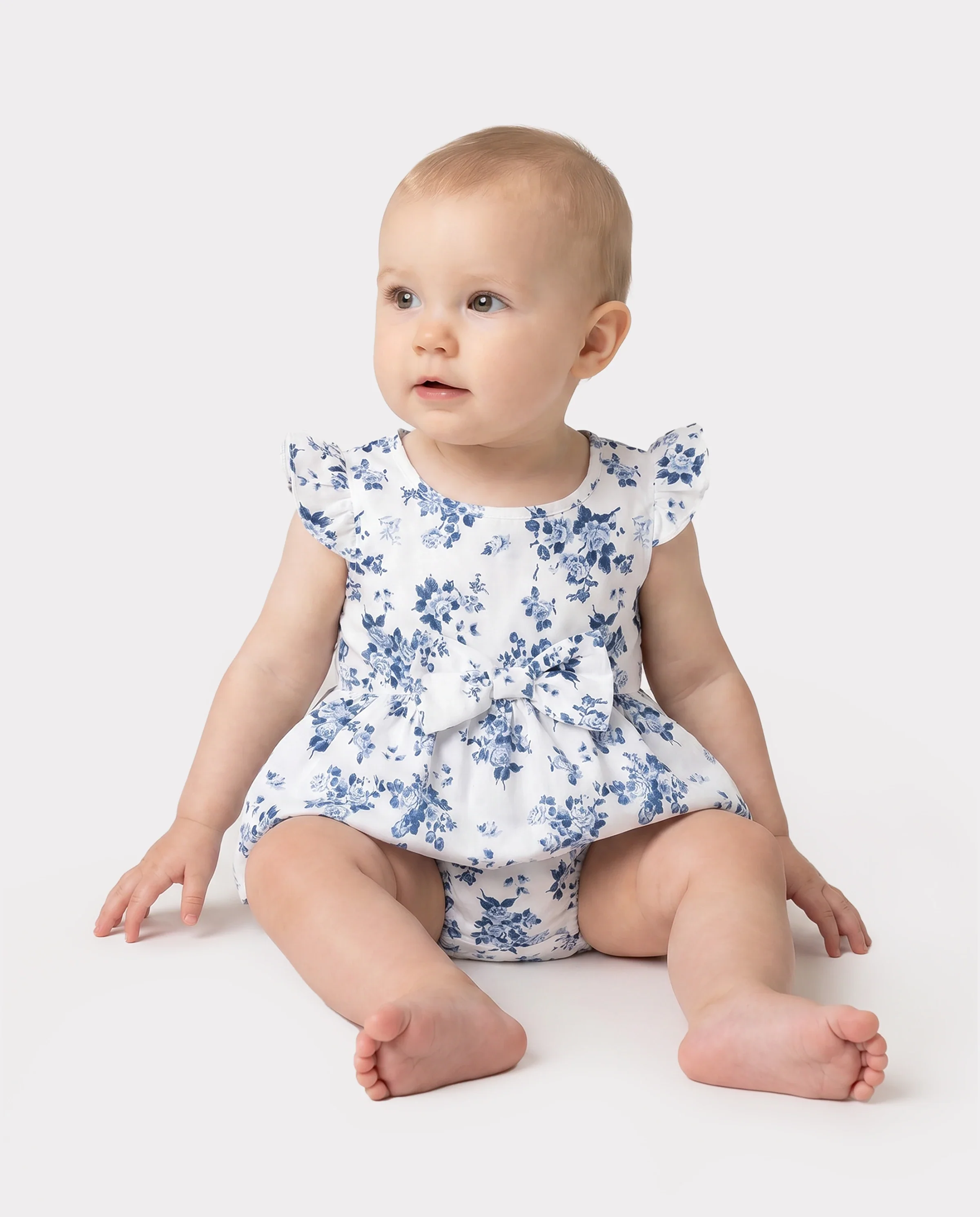 Family Matching Outfit: Floral Smocking Casual Suit BLUEWHITE - Image 4