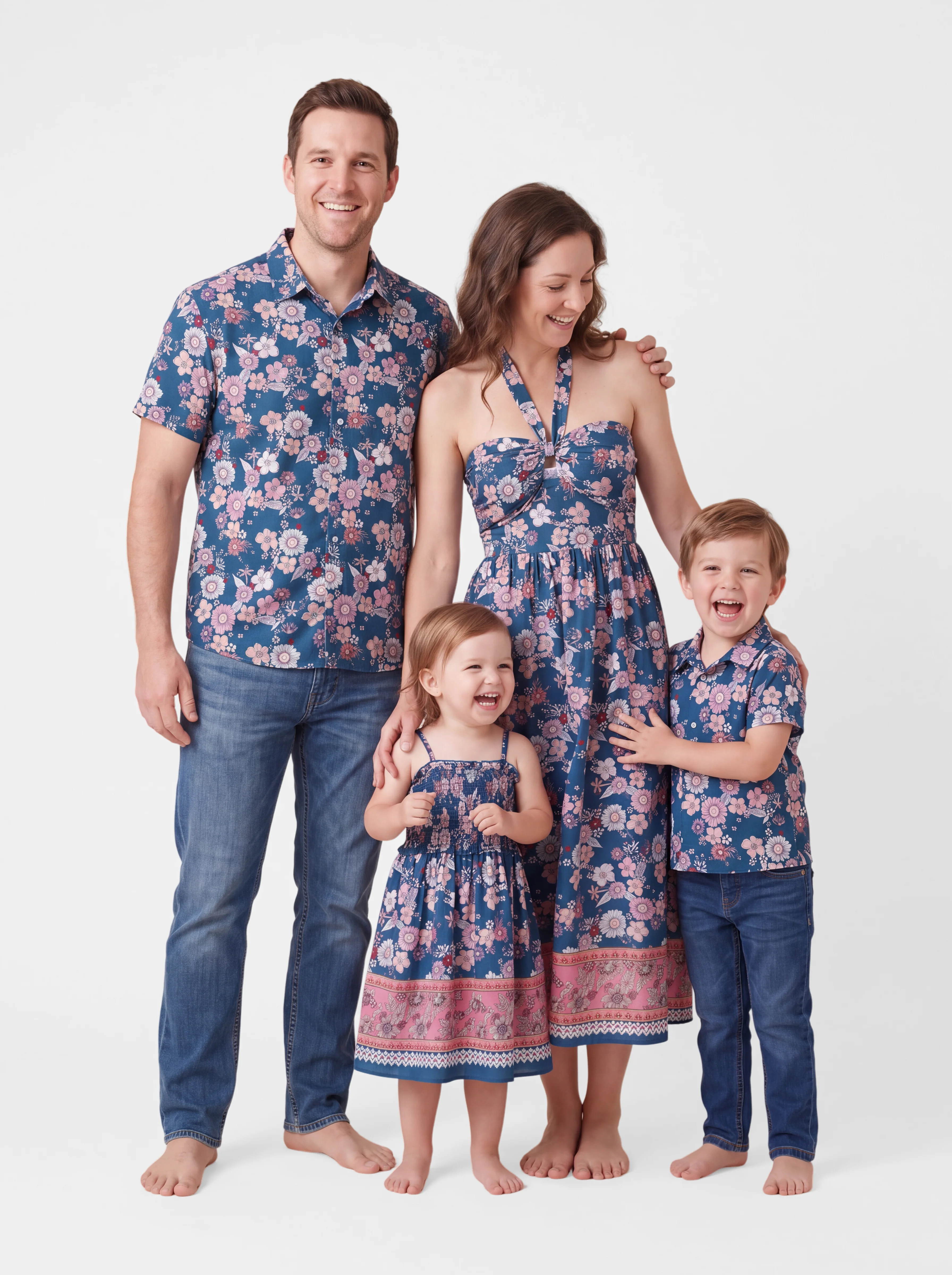 Family matching outfits Floral Allover Print Short-sleeve Collar Shirt or Halter Sleeveless Dress for Summer Vacation CYAN-