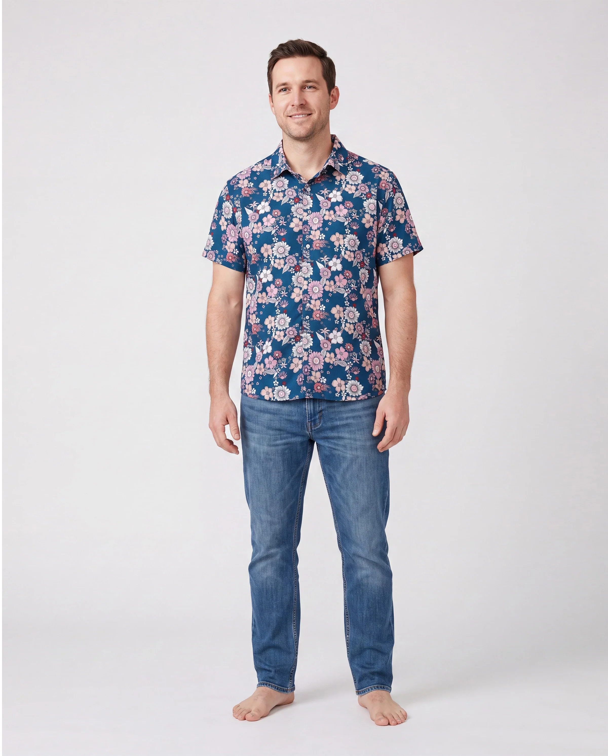 Family matching outfits Floral Allover Print Short-sleeve Collar Shirt or Halter Sleeveless Dress for Summer Vacation CYAN- - Image 5