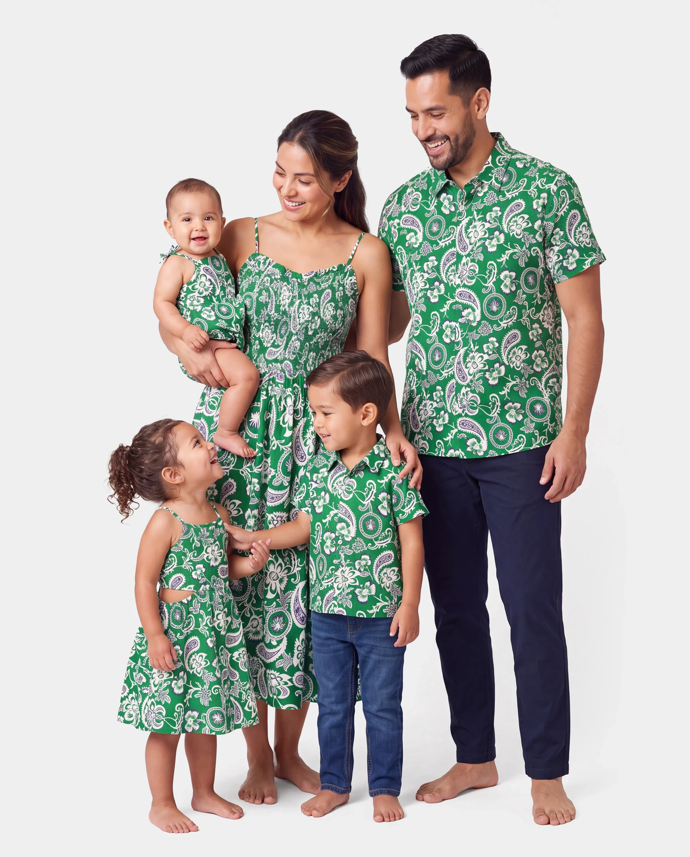 Family Matching Outfits Set Floral Print Short-sleeve Collar Shirt or Strappy Smocked  Dress for Summer Vacation  Green