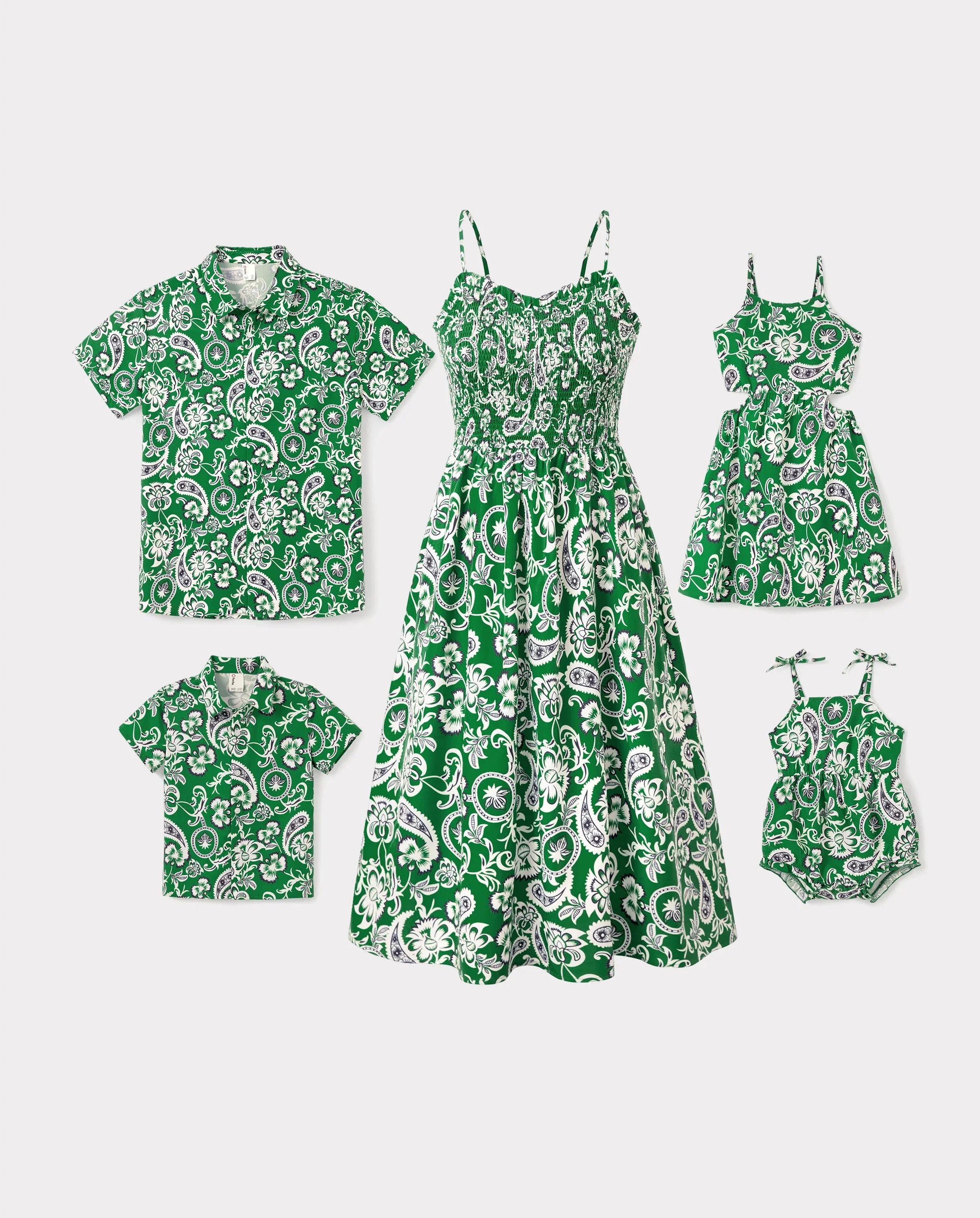 Family Matching Outfits Set Floral Print Short-sleeve Collar Shirt or Strappy Smocked  Dress for Summer Vacation  Green - Image 10