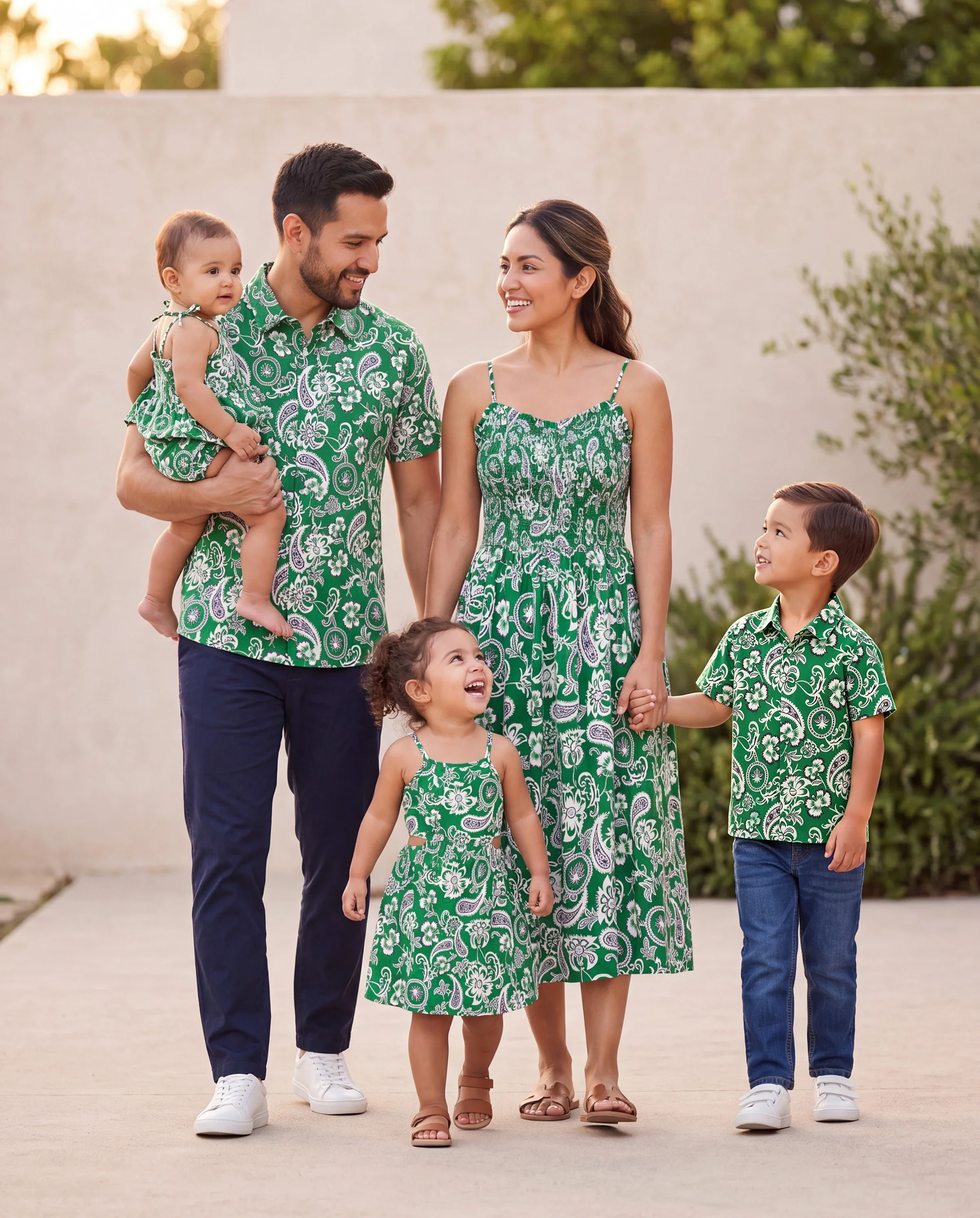 Family Matching Outfits Set Floral Print Short-sleeve Collar Shirt or Strappy Smocked  Dress for Summer Vacation  Green - Image 11