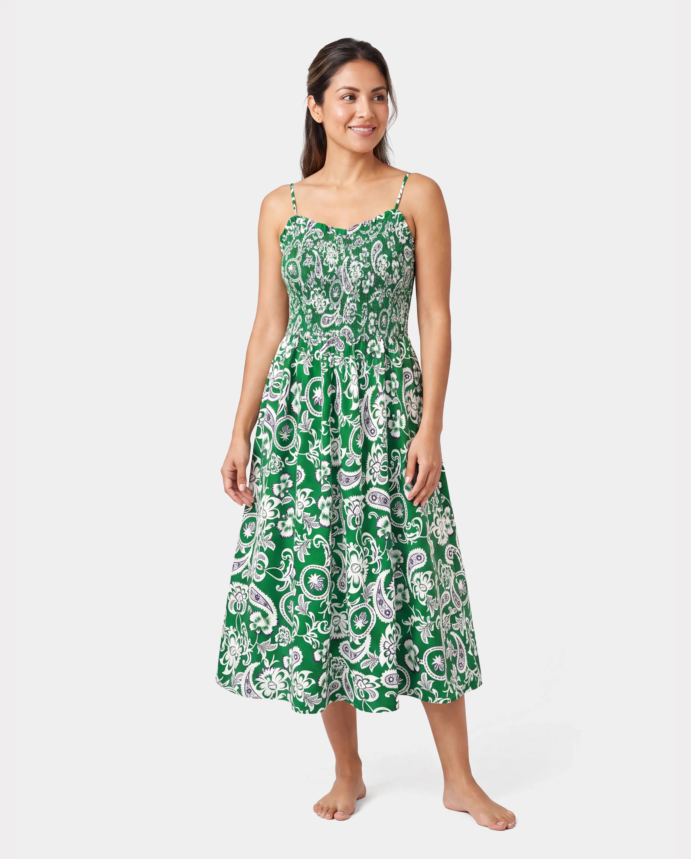 Family Matching Outfits Set Floral Print Short-sleeve Collar Shirt or Strappy Smocked  Dress for Summer Vacation  Green - Image 2