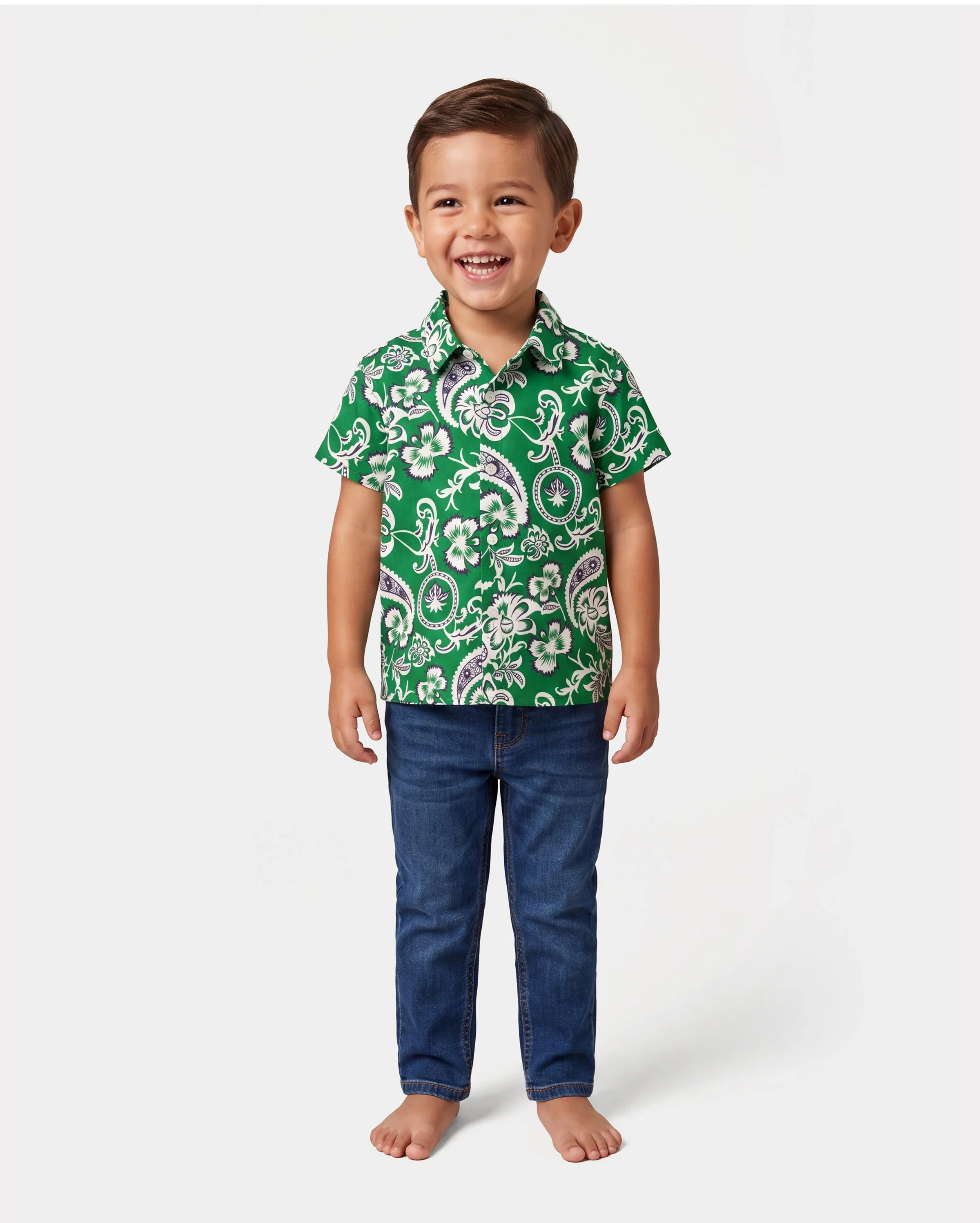 Family Matching Outfits Set Floral Print Short-sleeve Collar Shirt or Strappy Smocked  Dress for Summer Vacation  Green - Image 5