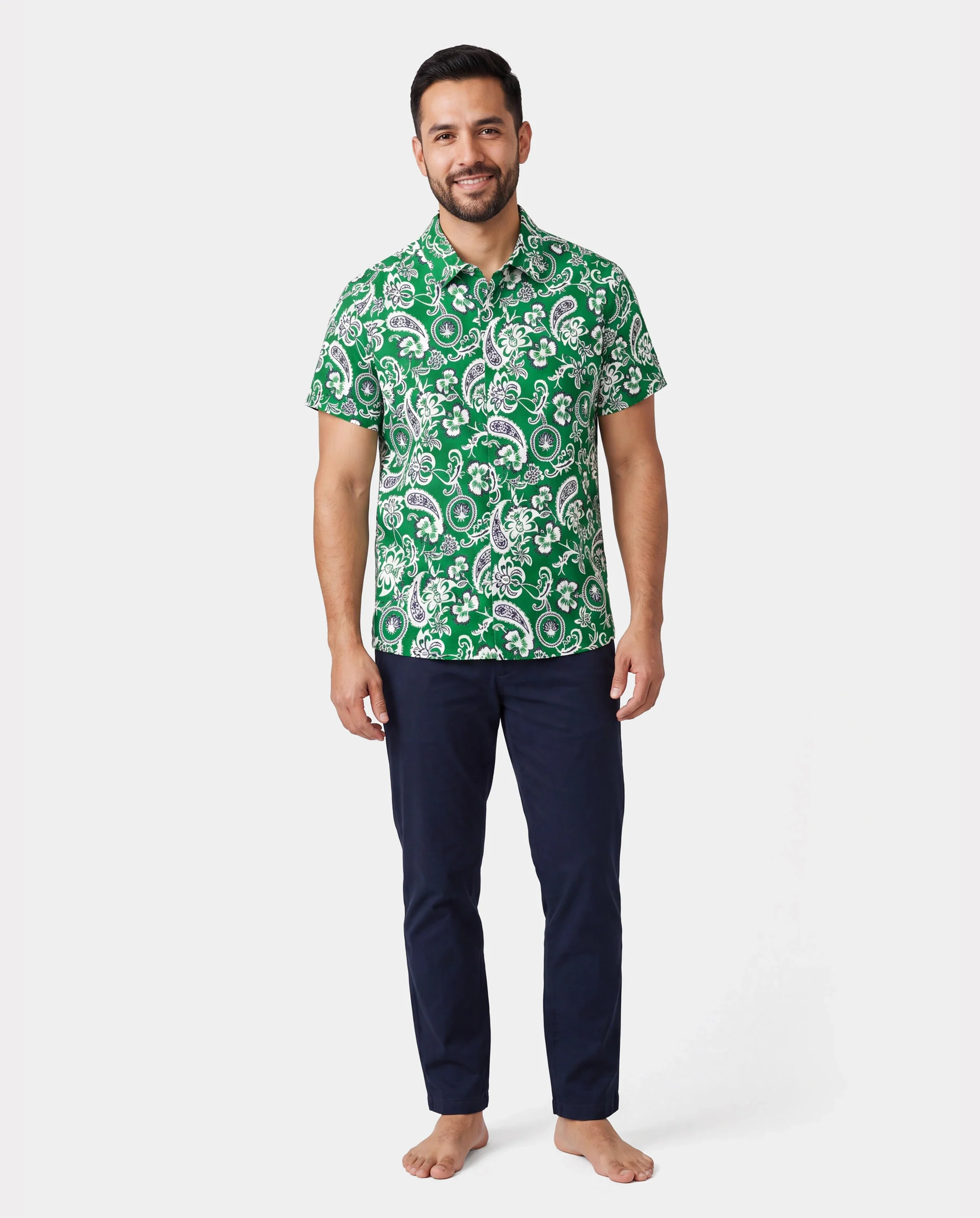 Family Matching Outfits Set Floral Print Short-sleeve Collar Shirt or Strappy Smocked  Dress for Summer Vacation  Green - Image 6